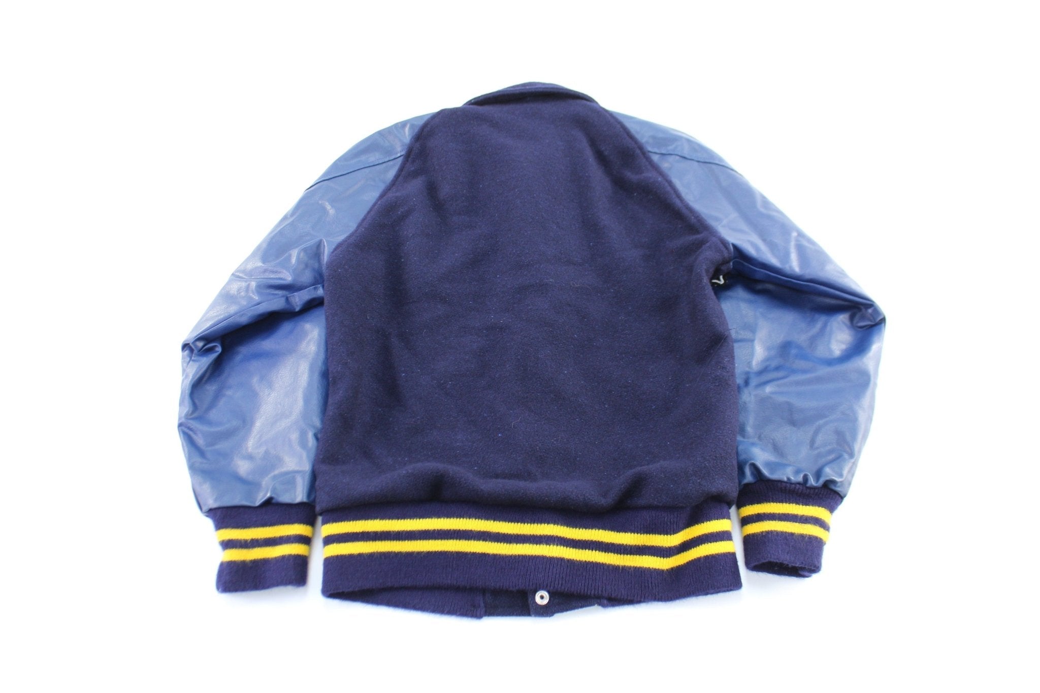 70's QTR Master Blue & Yellow Leather Varsity Band Jacket - Jacket - Thrifted Threads