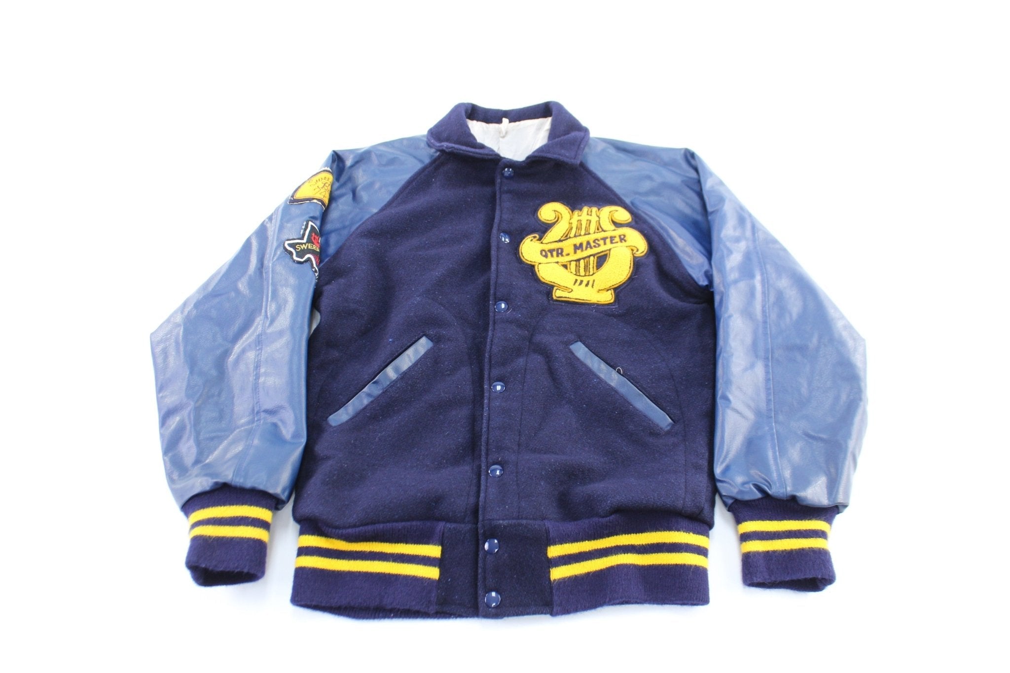 70's QTR Master Blue & Yellow Leather Varsity Band Jacket - Jacket - Thrifted Threads