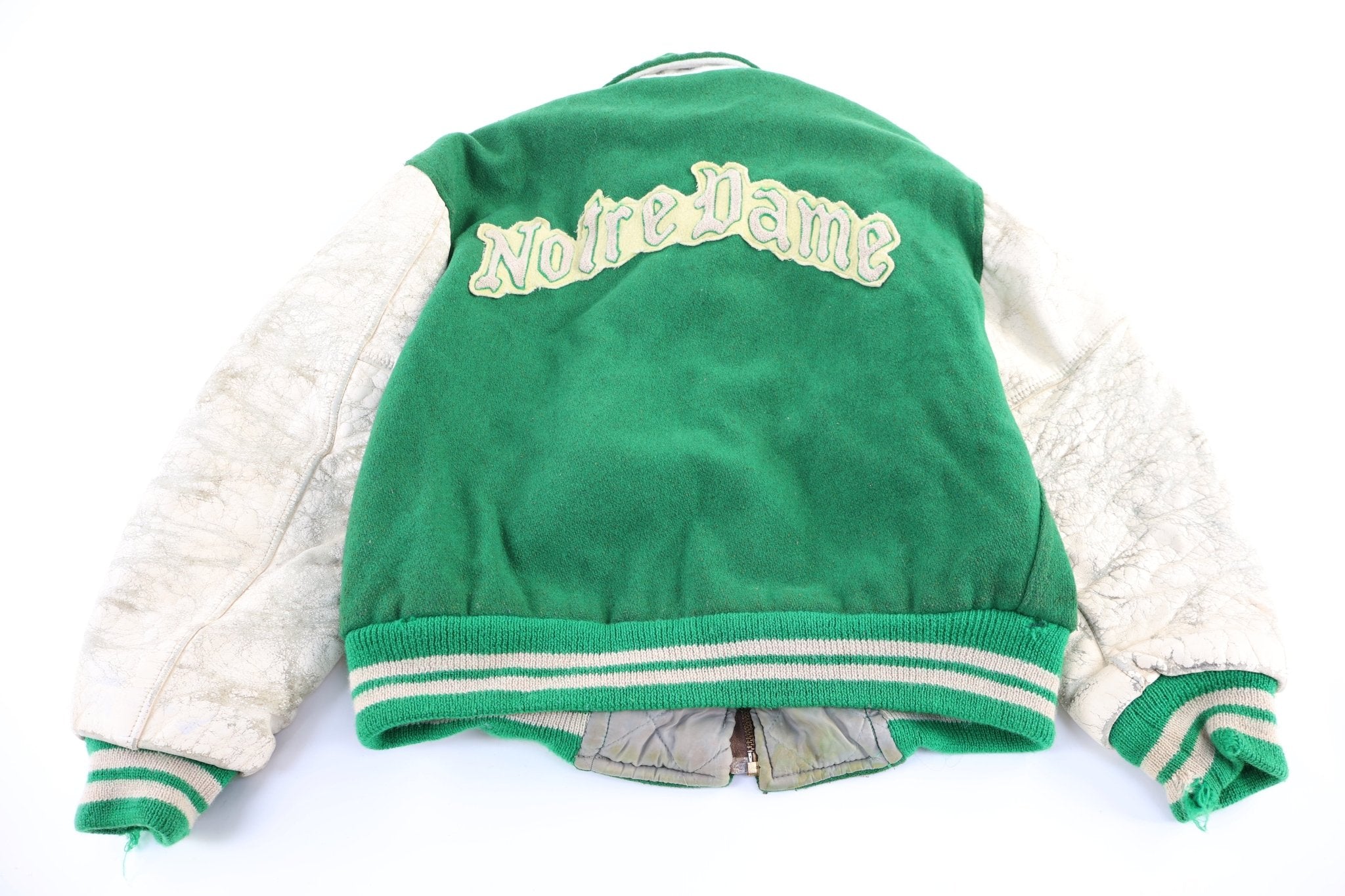 70's Univeristy of Notre Dame White & Green Full Zip Varsity Jacket - Jacket - Thrifted Threads