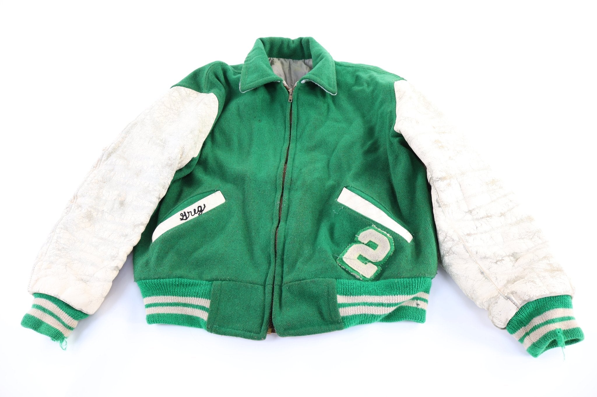 70's Univeristy of Notre Dame White & Green Full Zip Varsity Jacket - Jacket - Thrifted Threads