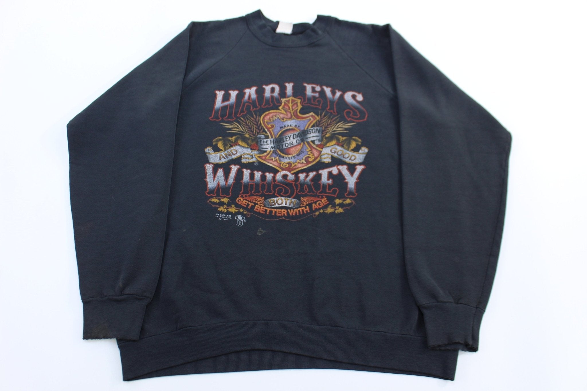 80's 3D Harley's And Whiskey Get Better With Age Sweatshirt - ThriftedThreads.com