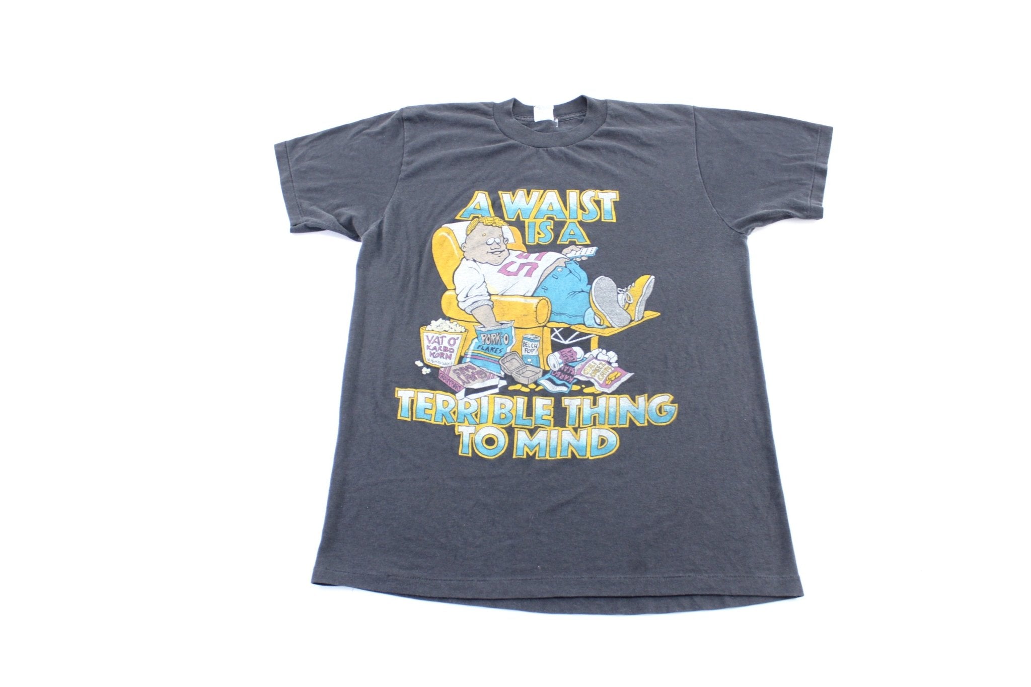 80's A Waist Is A Terrible Thing To Mind Graphic T-Shirt - ThriftedThreads.com