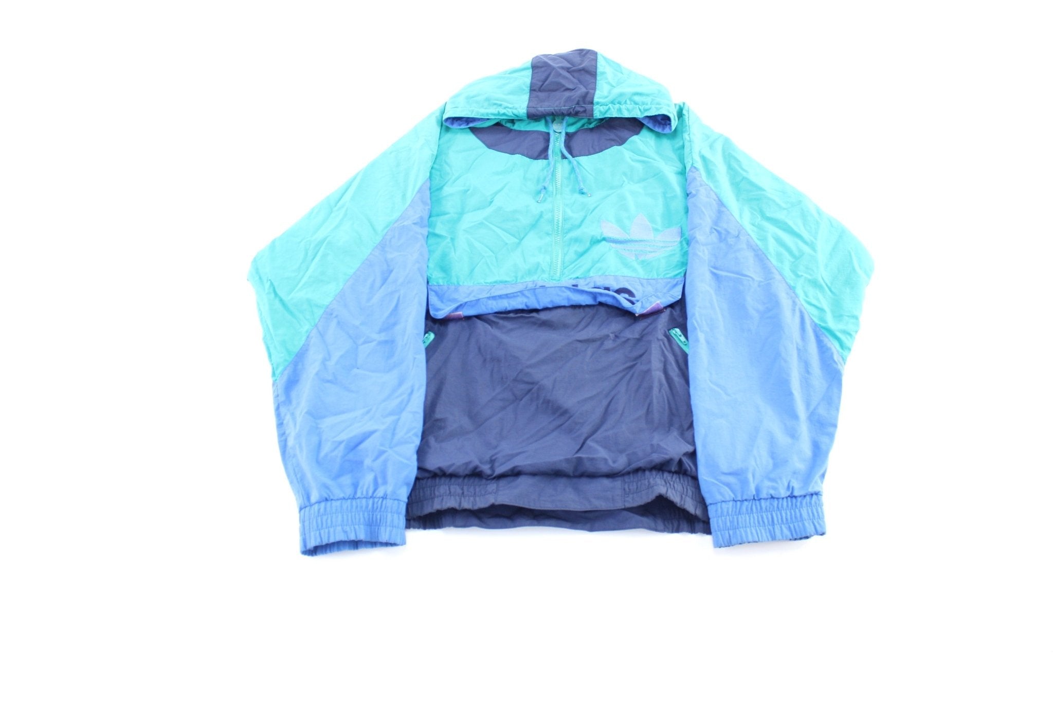 80's Adidas Embroidered Logo Blue, Navy Blue, & Turquoise Pullover Jacket - Jacket - Thrifted Threads