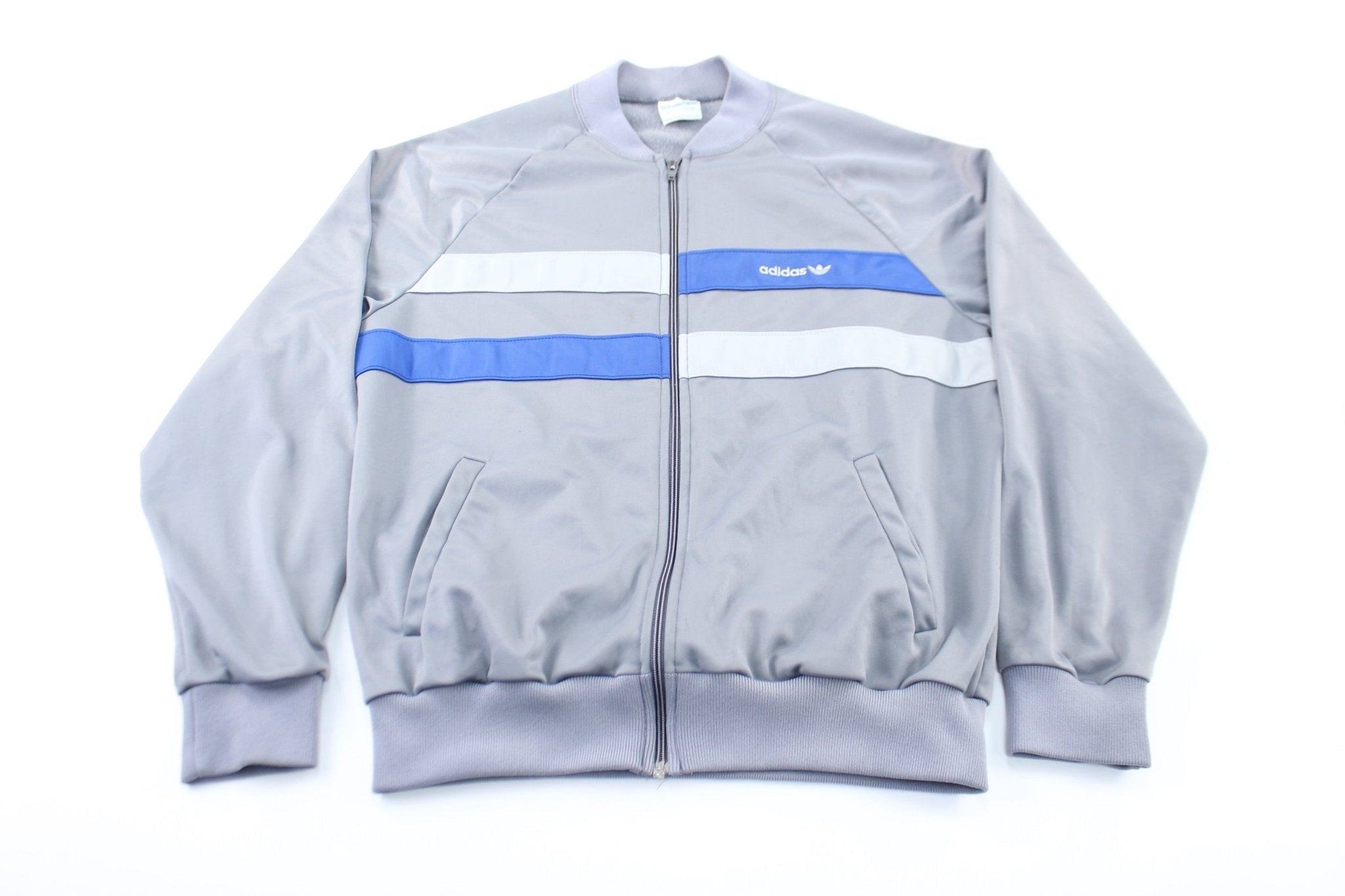 80's Adidas Embroidered Logo Grey & Blue Zip Up Jacket - Jackets - Thrifted Threads