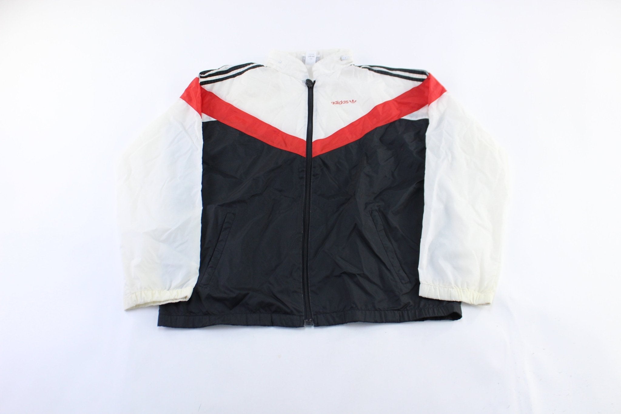 80's Adidas Logo Red, Black, & White Striped Zip Up Jacket - ThriftedThreads.com