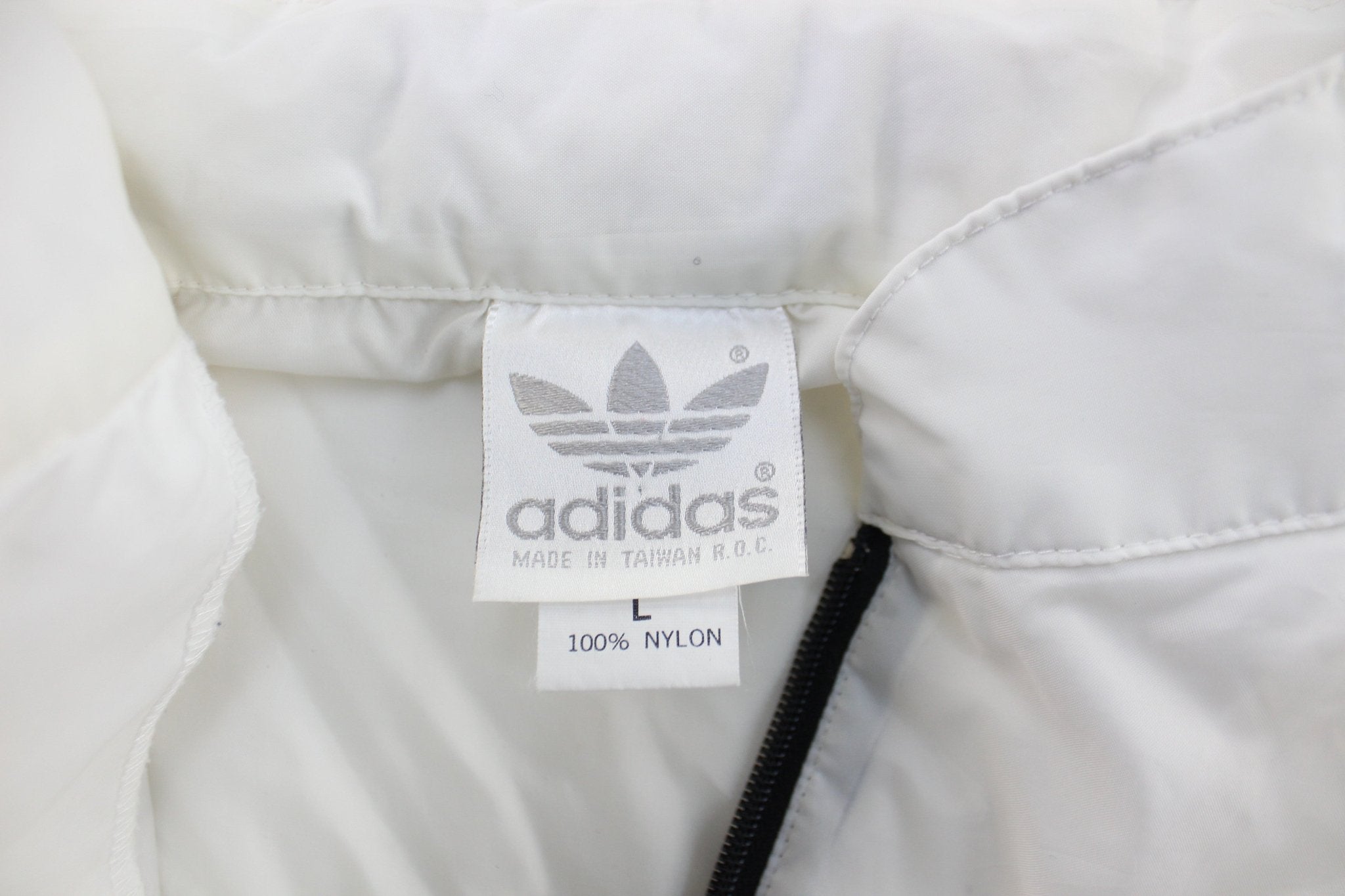 80's Adidas Logo Red, Black, & White Striped Zip Up Jacket - ThriftedThreads.com