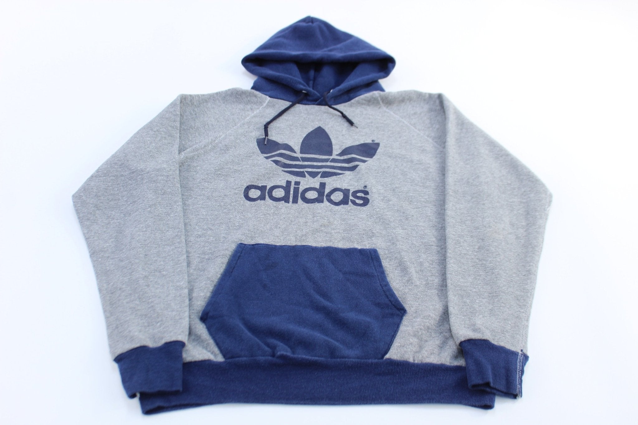 80's Adidas Trefoil Logo Blue & Grey Pullover Hoodie - ThriftedThreads.com