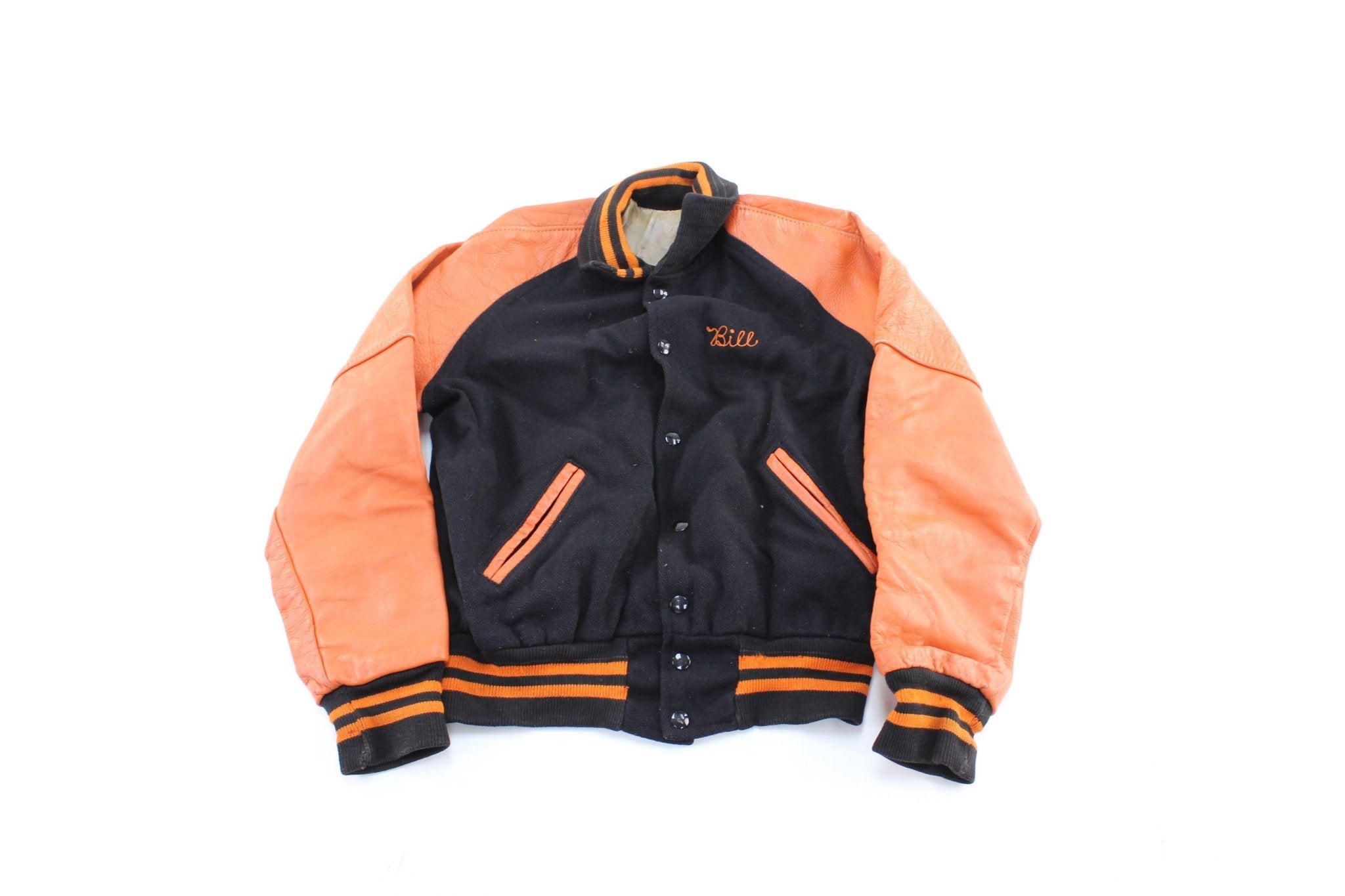 80's Black & Orange Varsity Letterman Jacket - Jacket - Thrifted Threads
