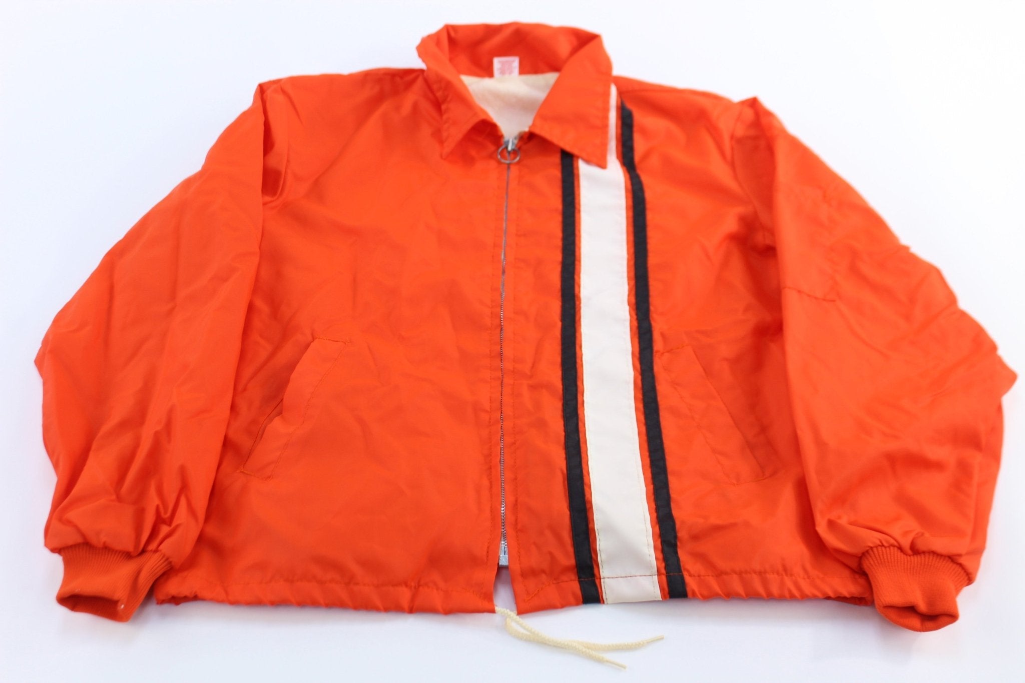 80's Black, White & Orange Striped Racing Jacket - ThriftedThreads.com