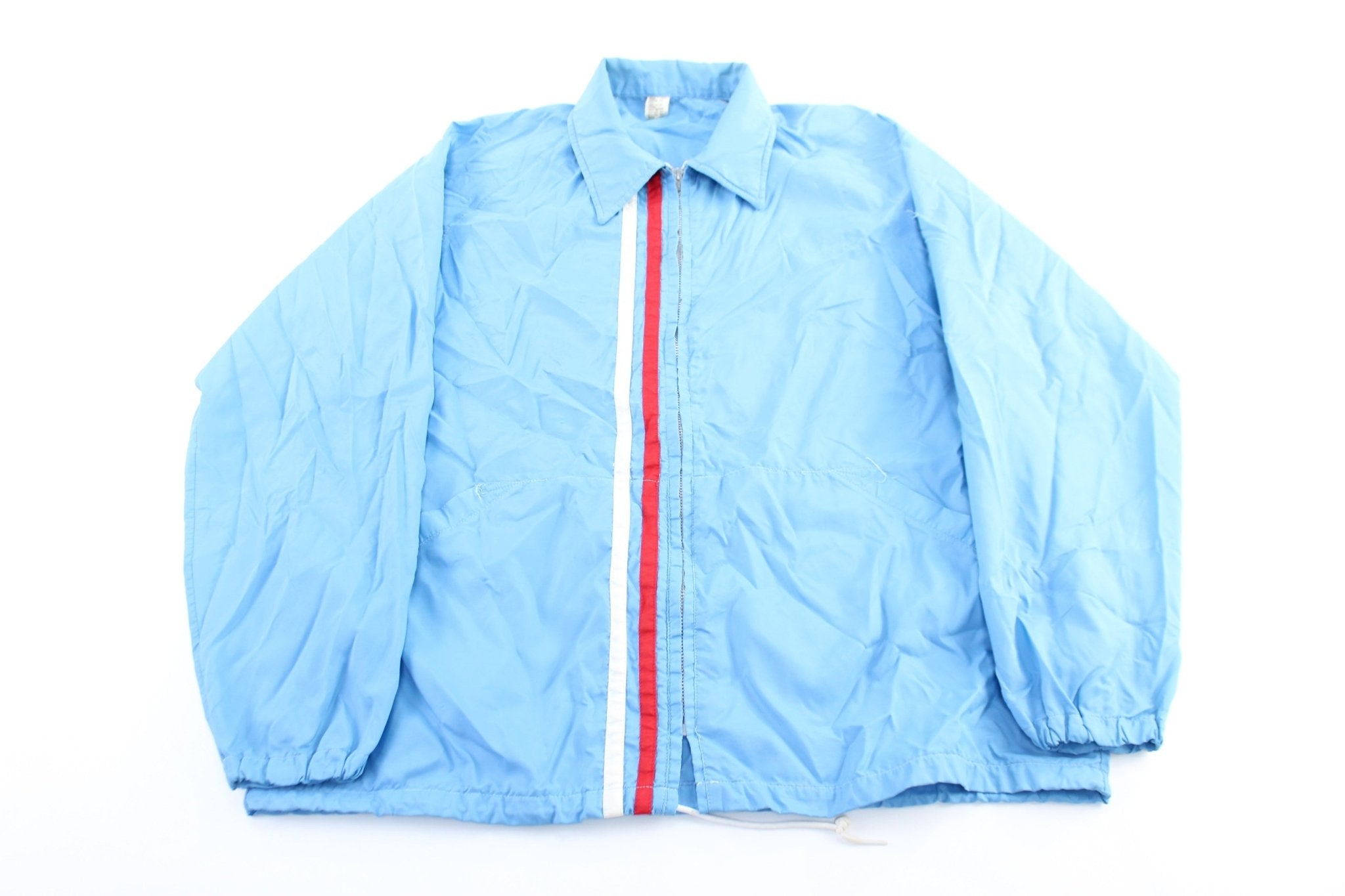 80's Blue, Red, & White Striped Racing Zip Up Jacket - ThriftedThreads.com