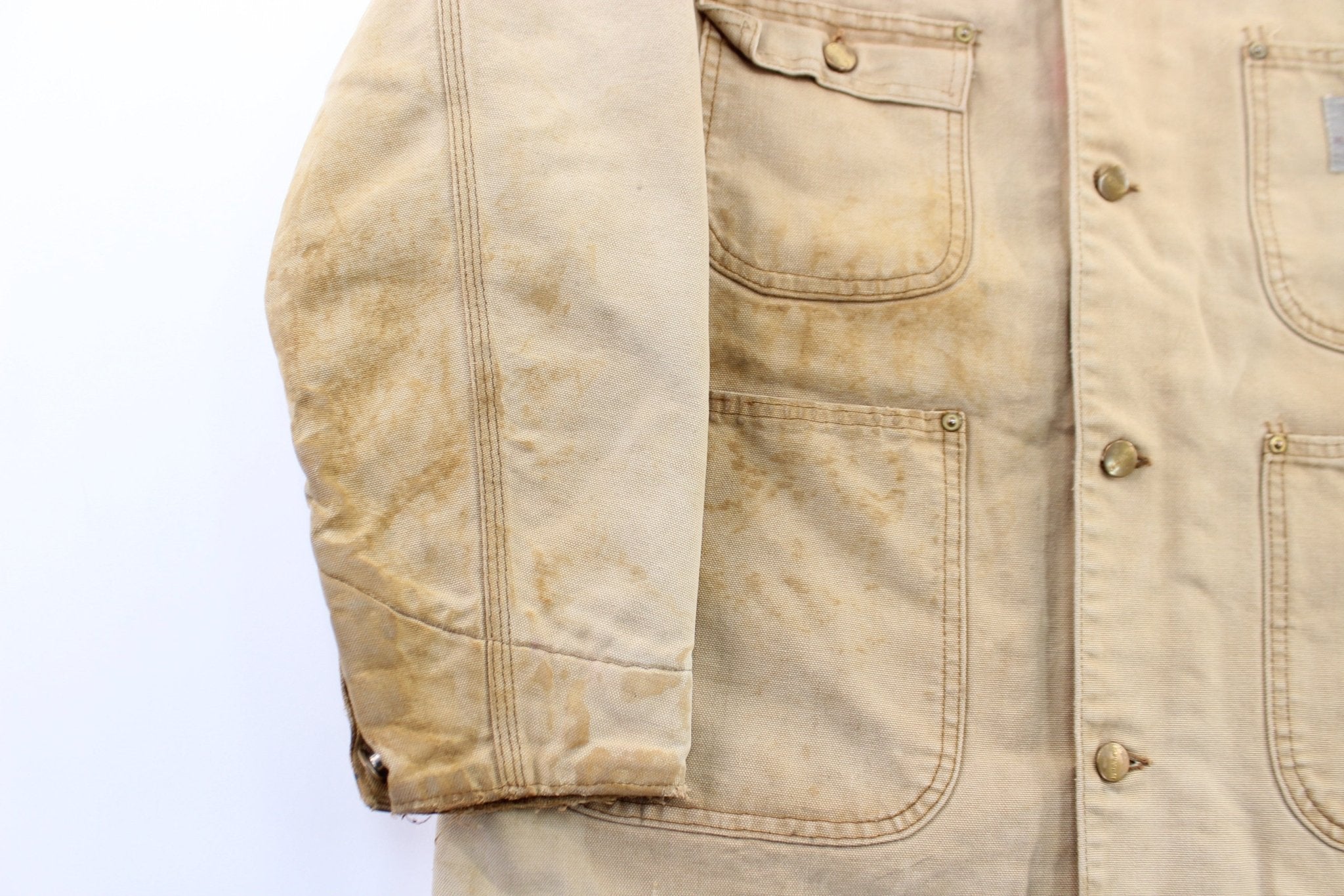 80's Carhartt Logo Patch Tan Blanket Lined Chore Jacket - ThriftedThreads.com