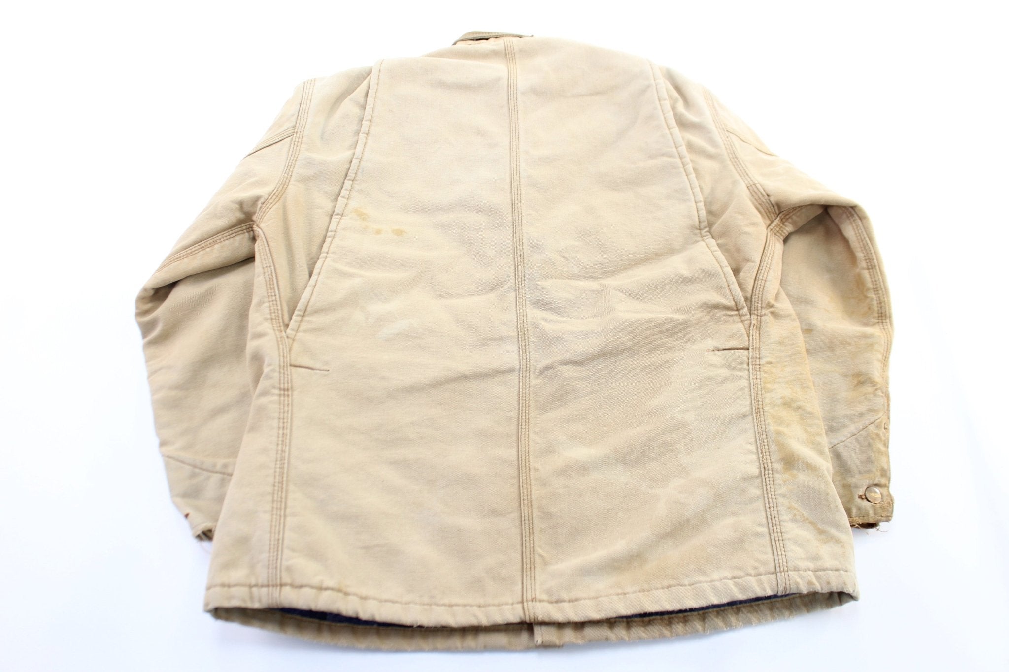 80's Carhartt Logo Patch Tan Blanket Lined Chore Jacket - ThriftedThreads.com
