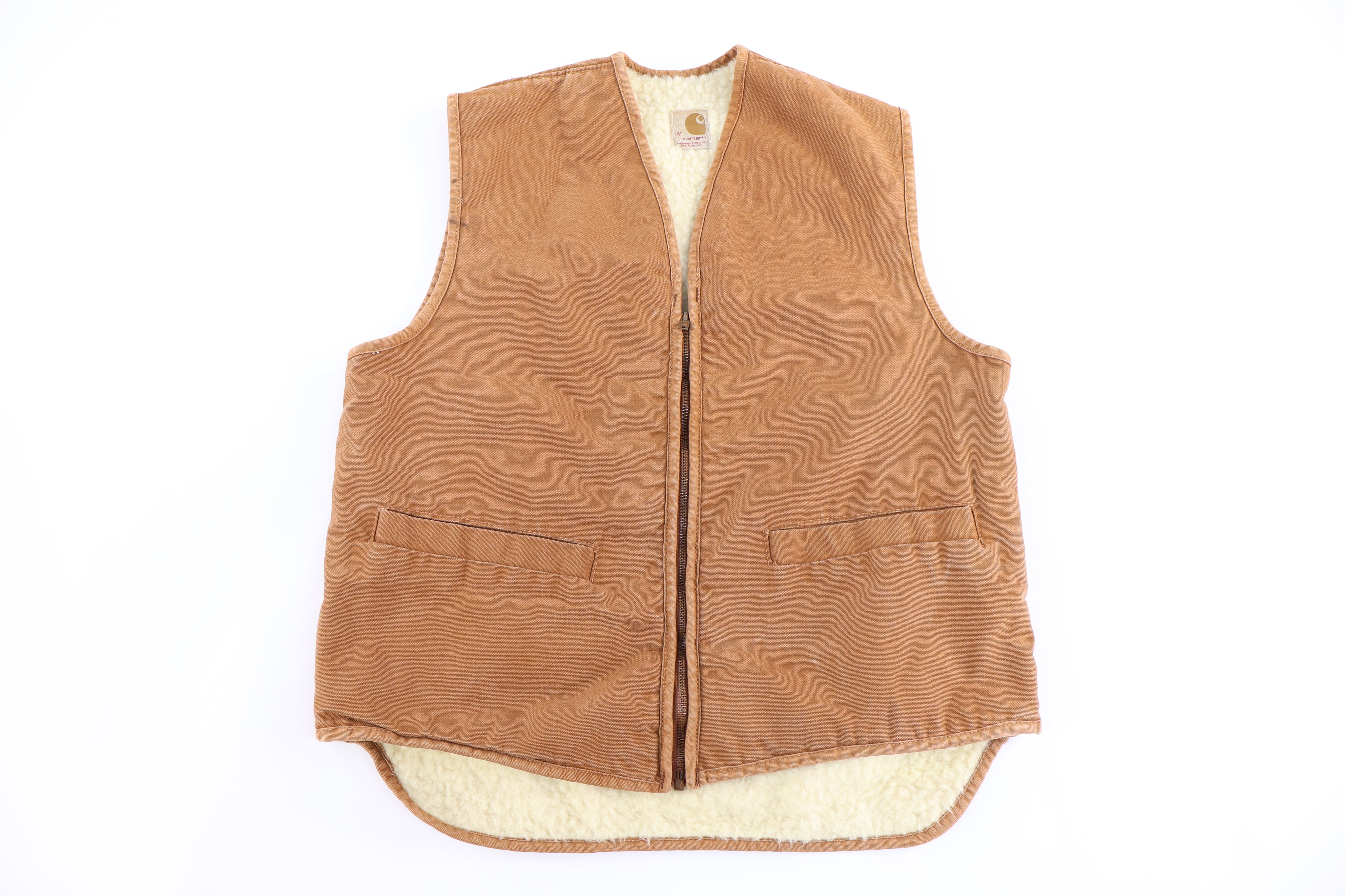 80's Carhartt Logo Patch Tan Full Zip Vest - Vest - Thrifted Threads