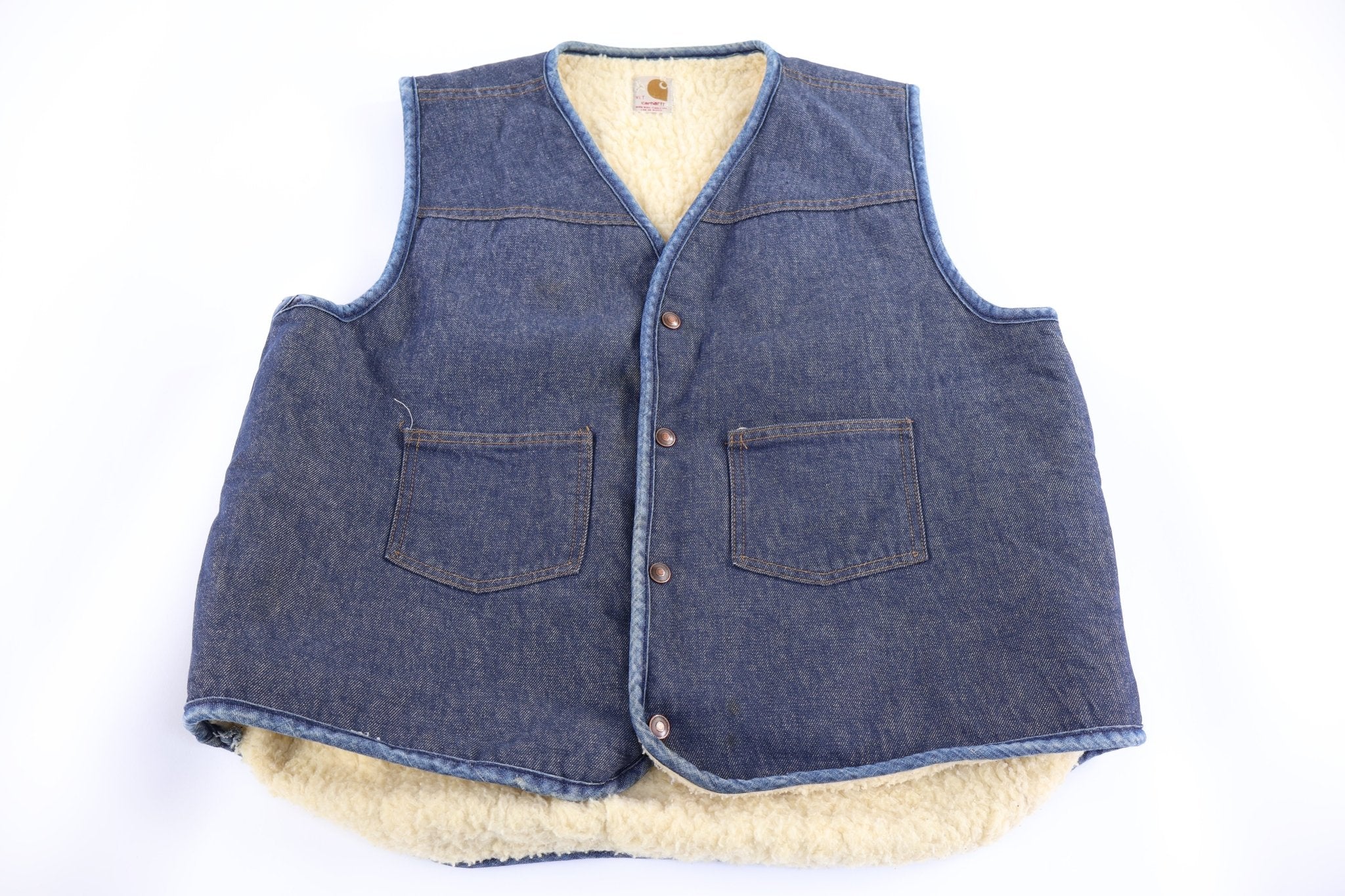 80's Carhartt Sherpa Lined Dark Wash Denim Vest - Vest - Thrifted Threads