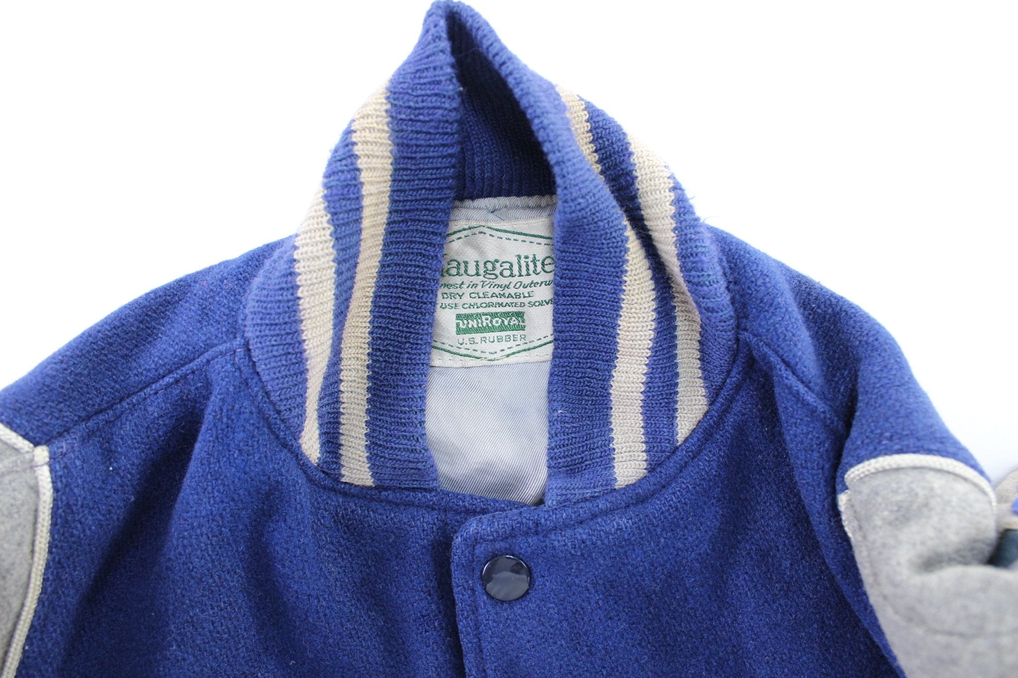 80's Naugalite Blue & Grey Varsity Letterman Jacket - ThriftedThreads.com