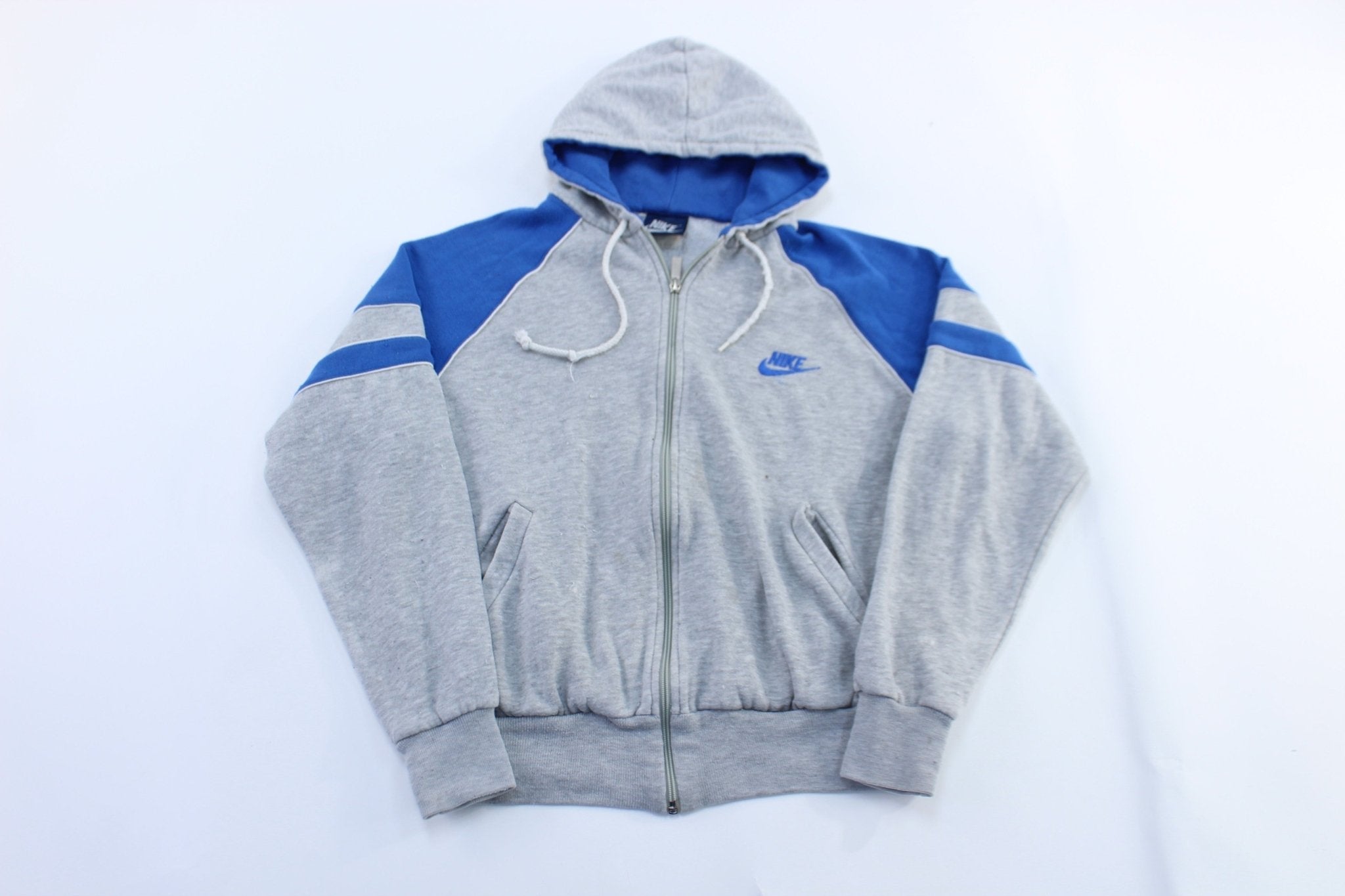 80's Nike Embroidered Logo Blue & Grey Zip Up Hoodie - Jacket - Thrifted Threads