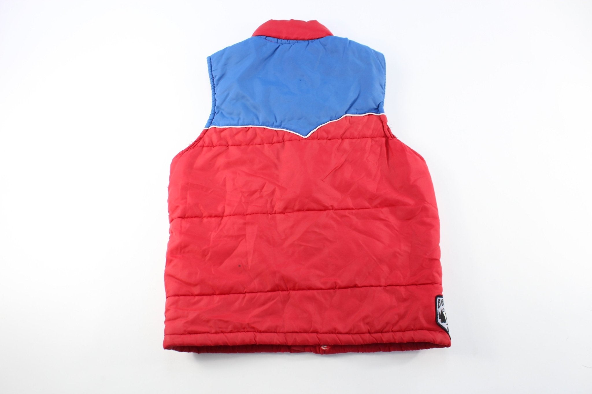 80's Suzuki Embroidered Red & Blue Puffer Vest - ThriftedThreads.com