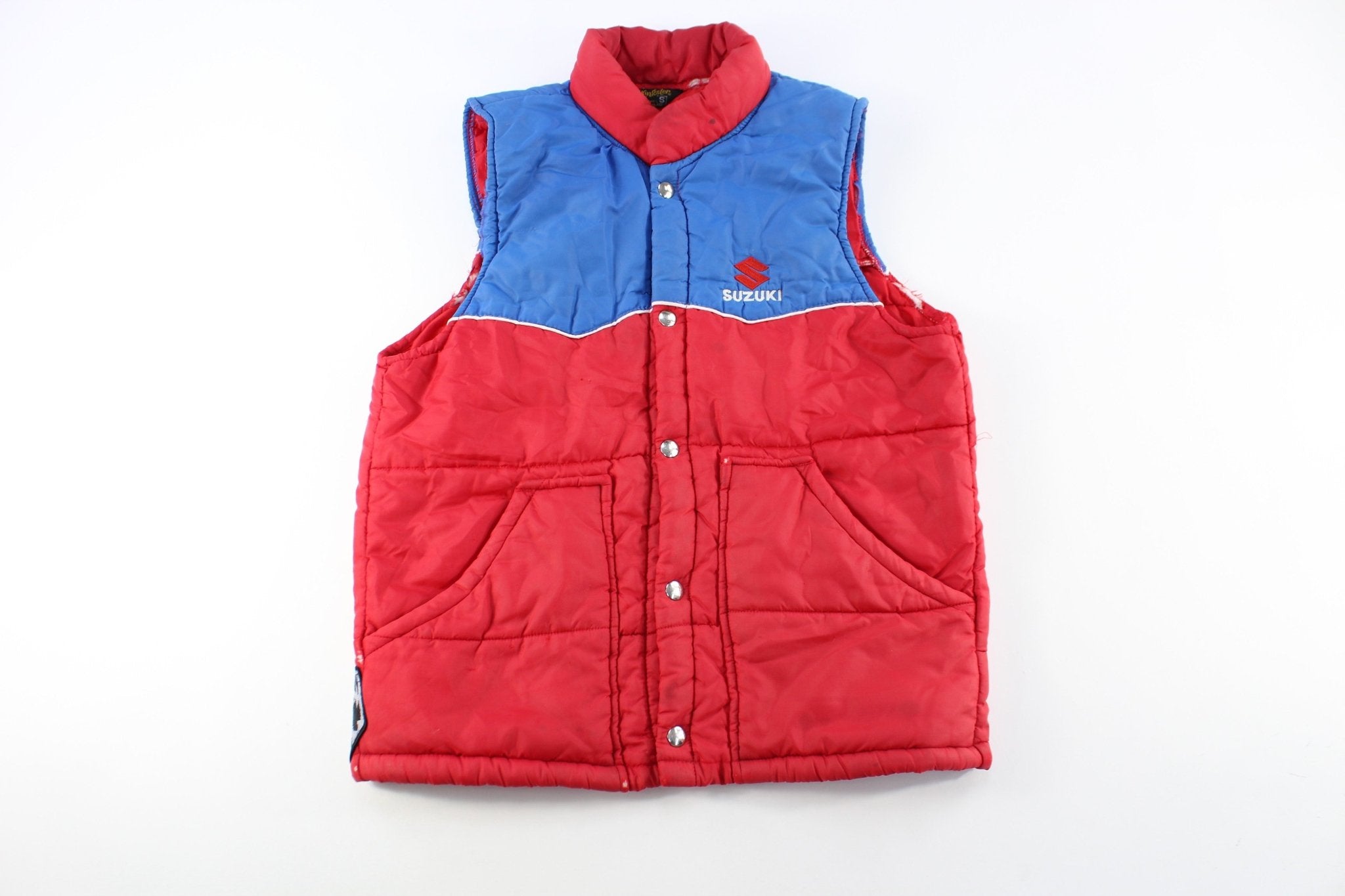 80's Suzuki Embroidered Red & Blue Puffer Vest - ThriftedThreads.com