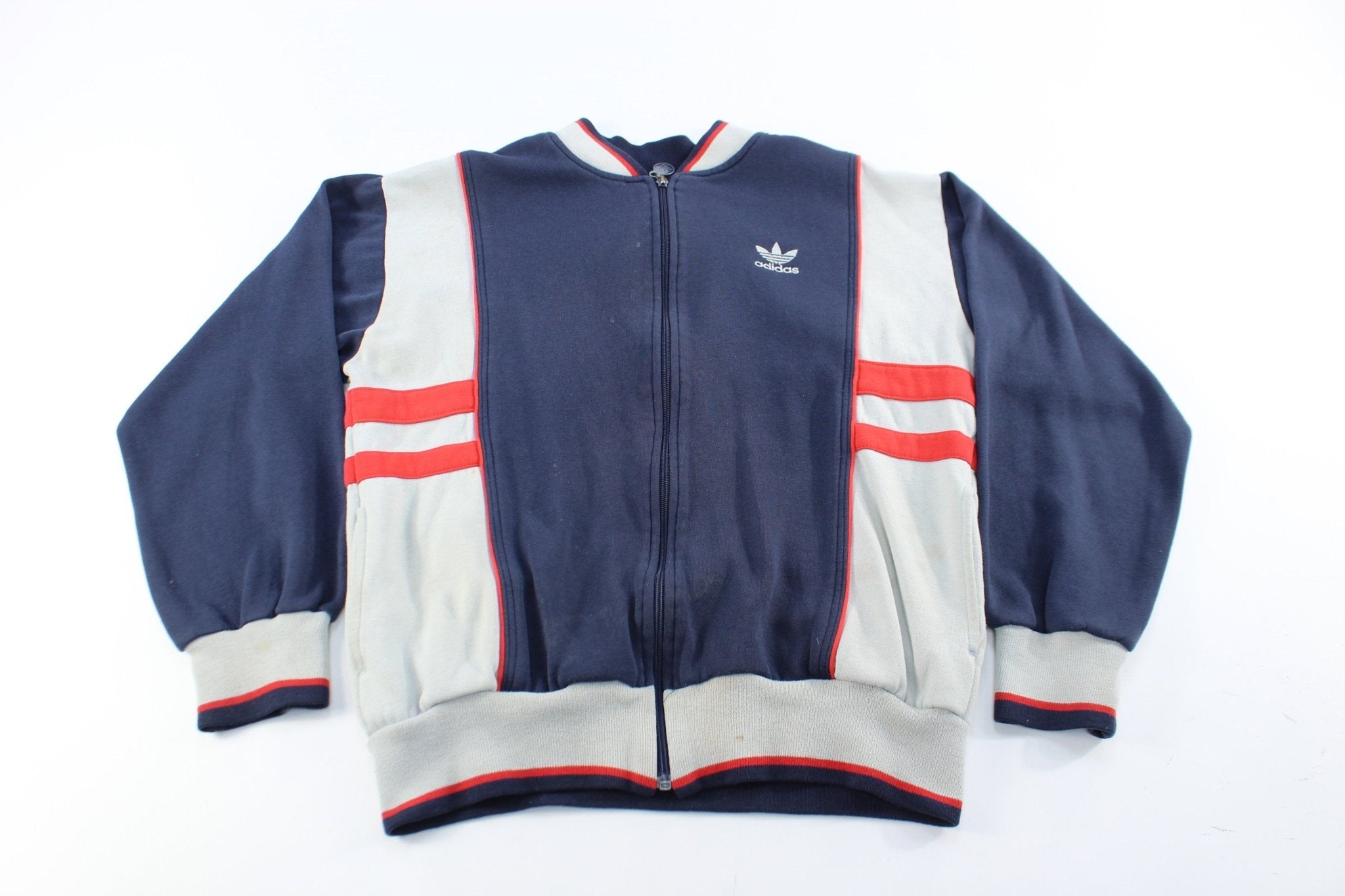 80'sAdidas Embroidered Logo Navy Blue, Red, Grey Zip Up Jacket - Jackets - Thrifted Threads