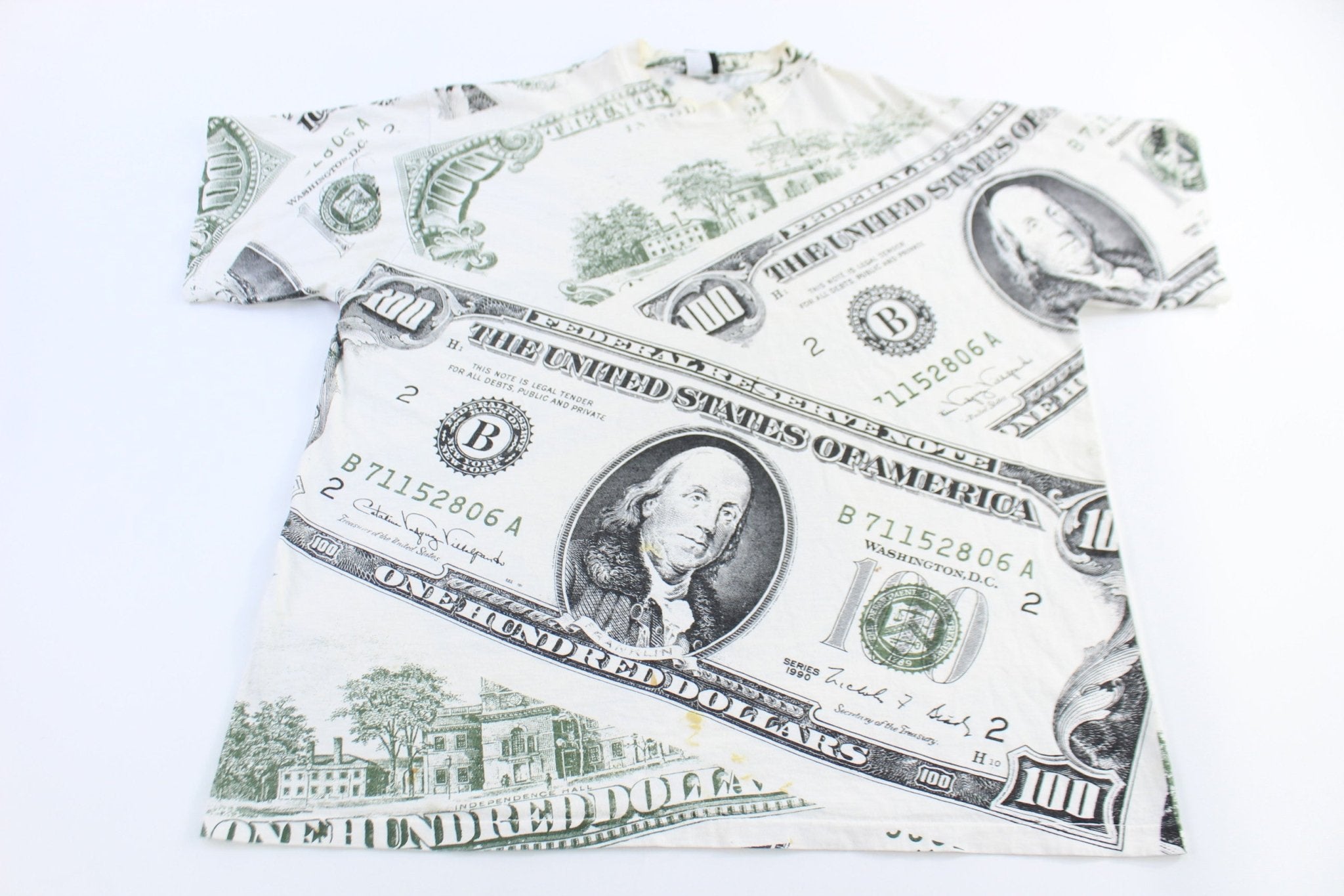 90's 100 Dollar Bill All Over Graphic T-shirt - Shirts & Tops - Thrifted Threads
