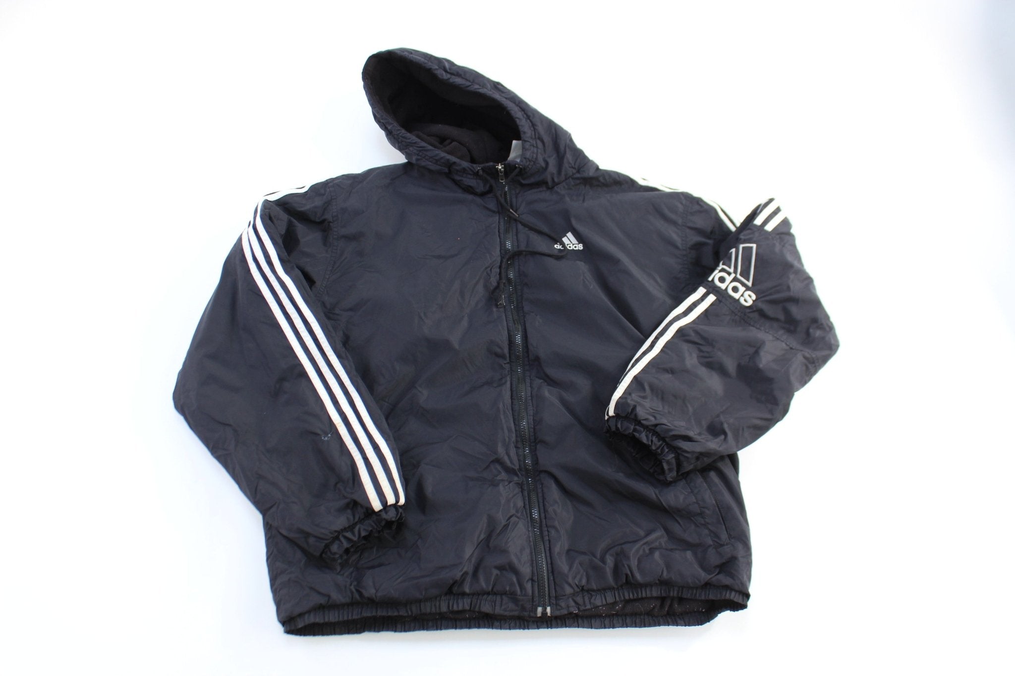 90's Adidas Embroidered Logo Black & White Full Zip Hooded Jacket - Jacket - Thrifted Threads