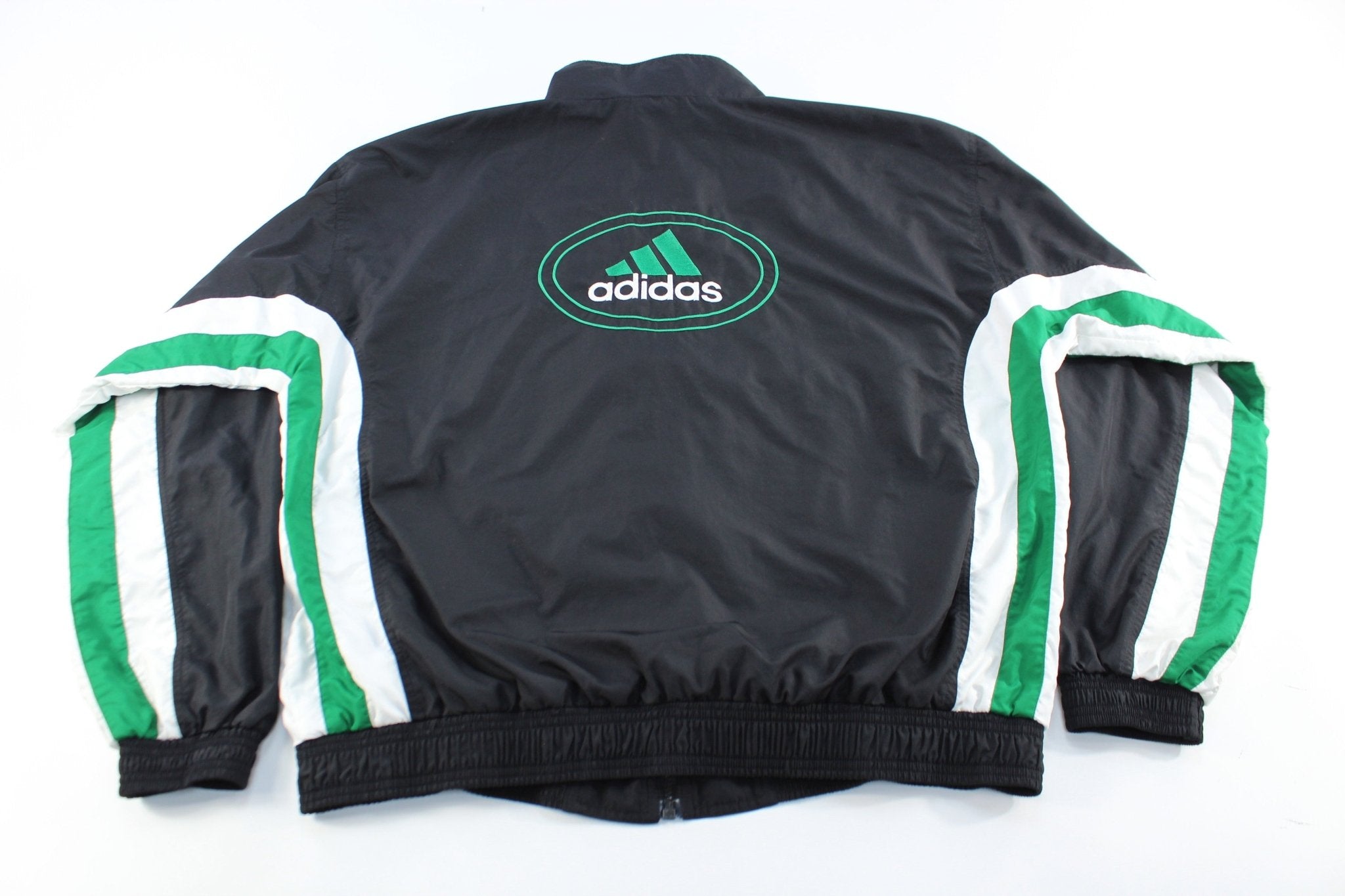 90's Adidas Embroidered Logo Black, White, & Green Zip Up Jacket - ThriftedThreads.com