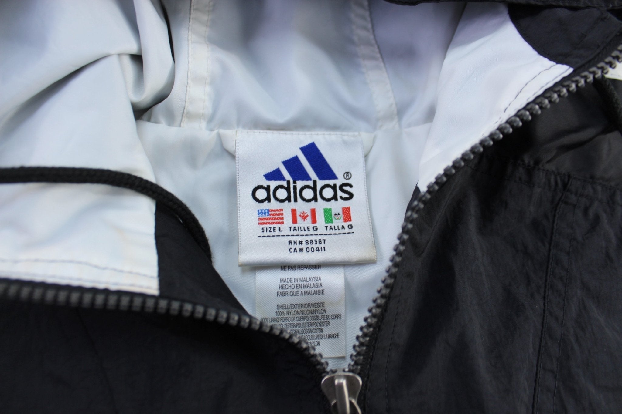 90's Adidas Embroidered Logo Black & White Striped Zip Up Jacket - Jacket - Thrifted Threads
