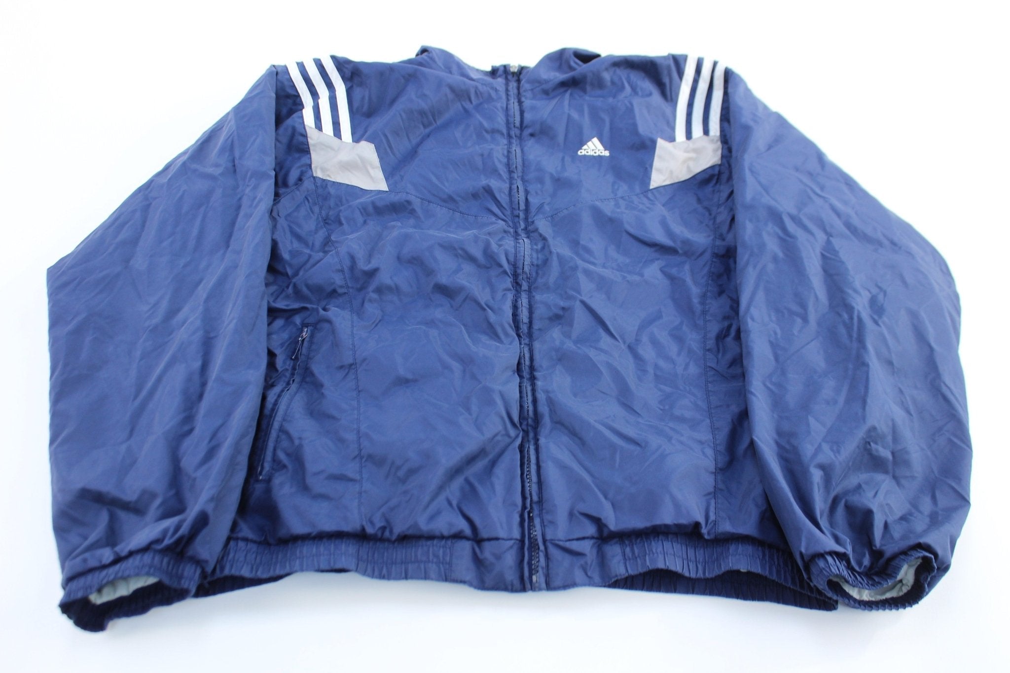 90's Adidas Embroidered Logo Blue, Grey, & White Striped Jacket - Jackets - Thrifted Threads