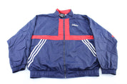 90's Adidas Embroidered Logo Navy Blue, Red, & White Striped Zip Up Jacket - ThriftedThreads.com