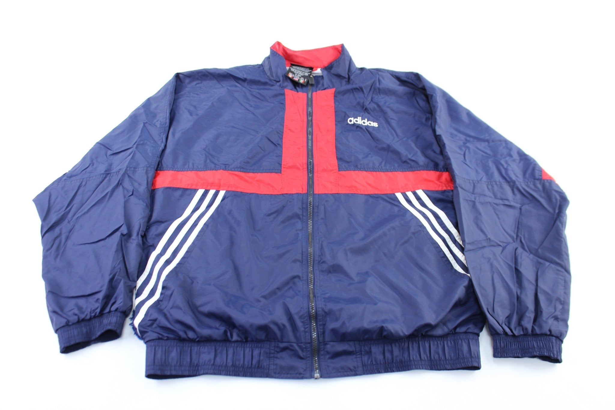 90's Adidas Embroidered Logo Navy Blue, Red, & White Striped Zip Up Jacket - ThriftedThreads.com