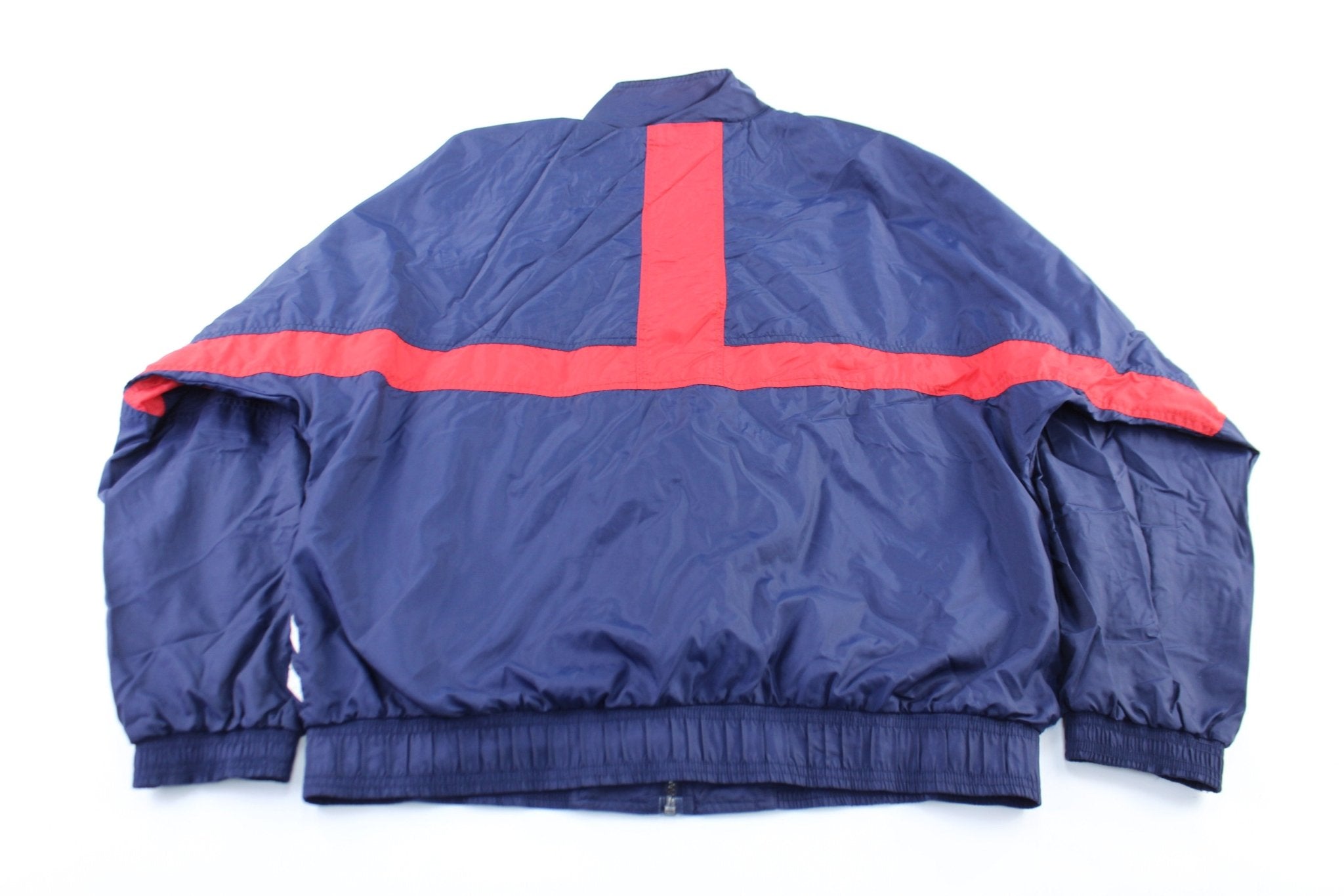 90's Adidas Embroidered Logo Navy Blue, Red, & White Striped Zip Up Jacket - ThriftedThreads.com