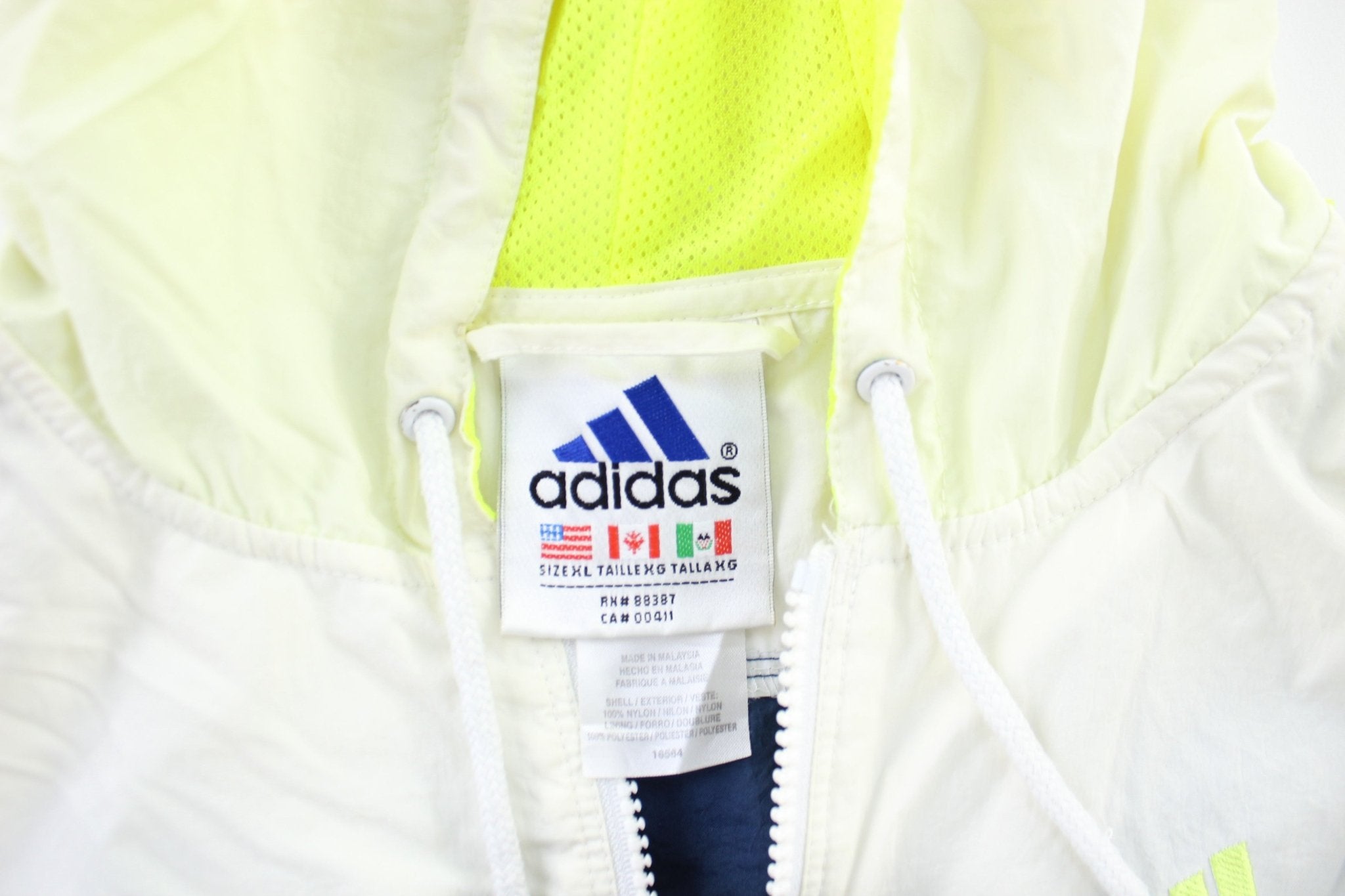 90's Adidas Embroidered Logo Navy Blue, White, & Neon Zip Up Jacket - ThriftedThreads.com