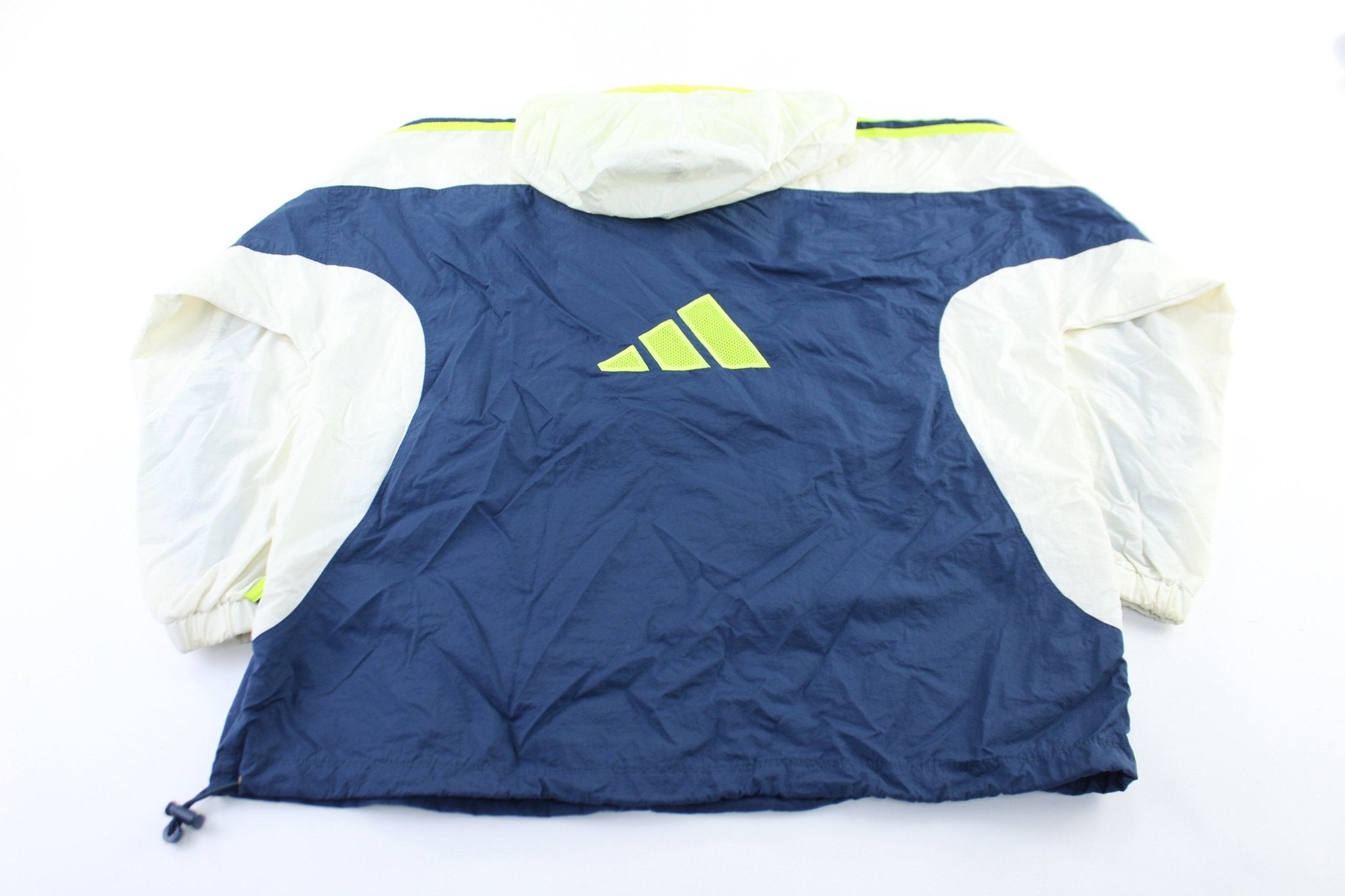 90's Adidas Embroidered Logo Navy Blue, White, & Neon Zip Up Jacket - ThriftedThreads.com