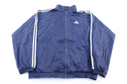 90's Adidas Embroidered Logo Navy Blue & White Striped Zip Up Jacket - ThriftedThreads.com