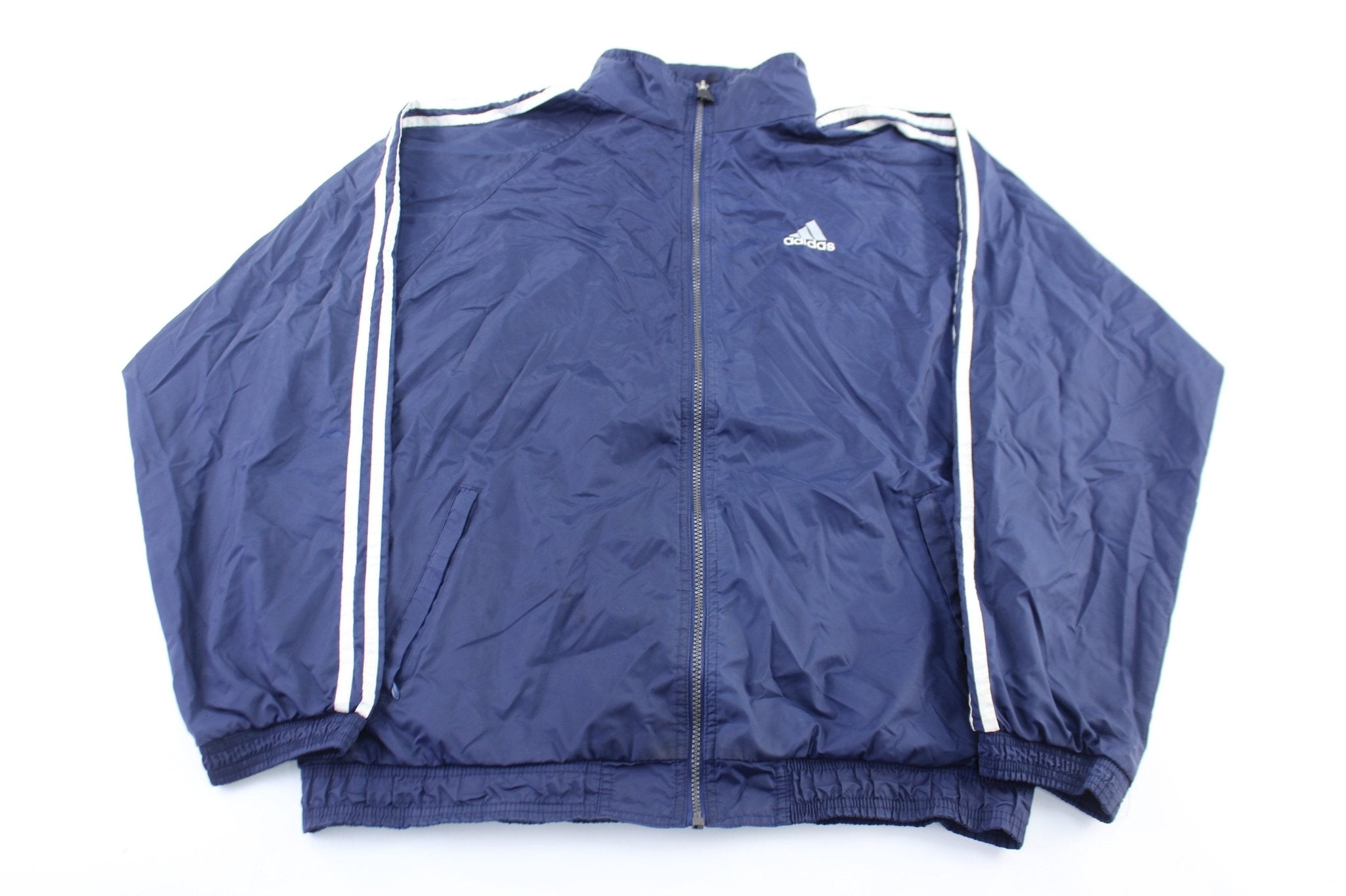 90's Adidas Embroidered Logo Navy Blue & White Striped Zip Up Jacket - ThriftedThreads.com