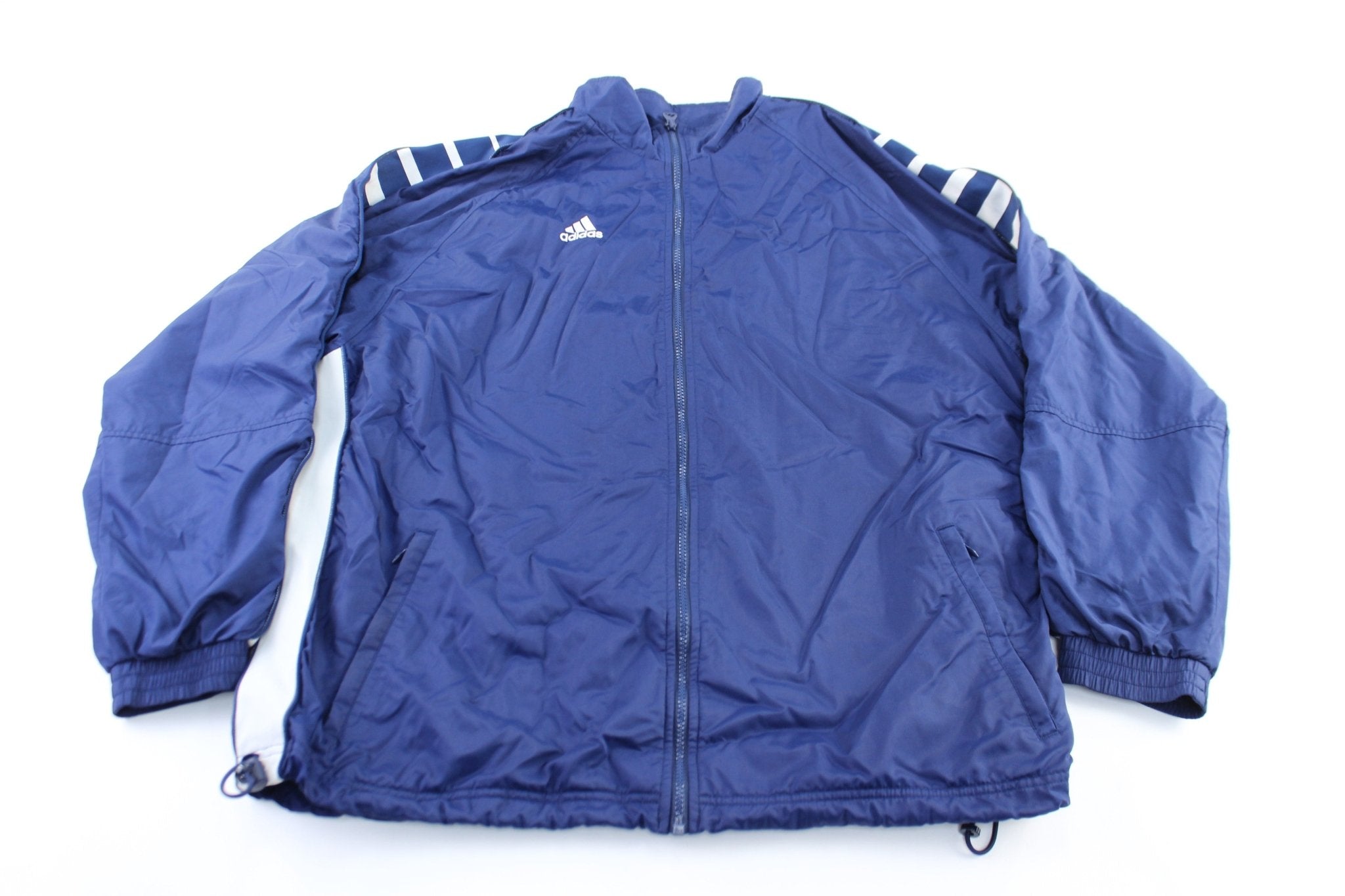 90's Adidas Embroidered Logo Navy Blue & White Striped Zip Up Jacket - ThriftedThreads.com