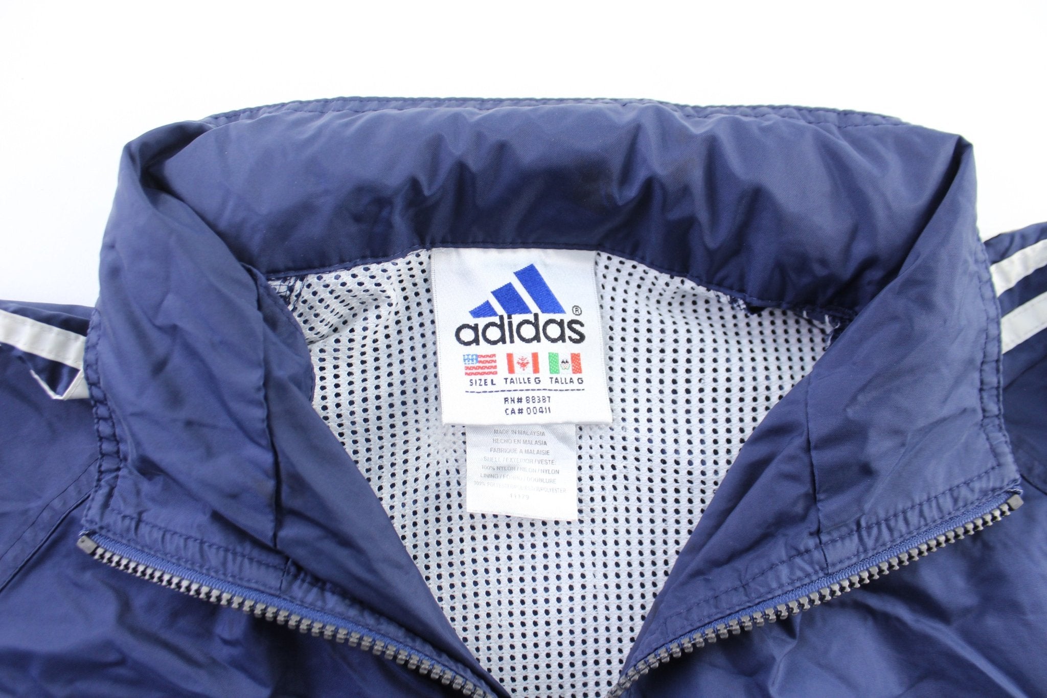 90's Adidas Embroidered Logo Navy Blue & White Striped Zip Up Jacket - ThriftedThreads.com