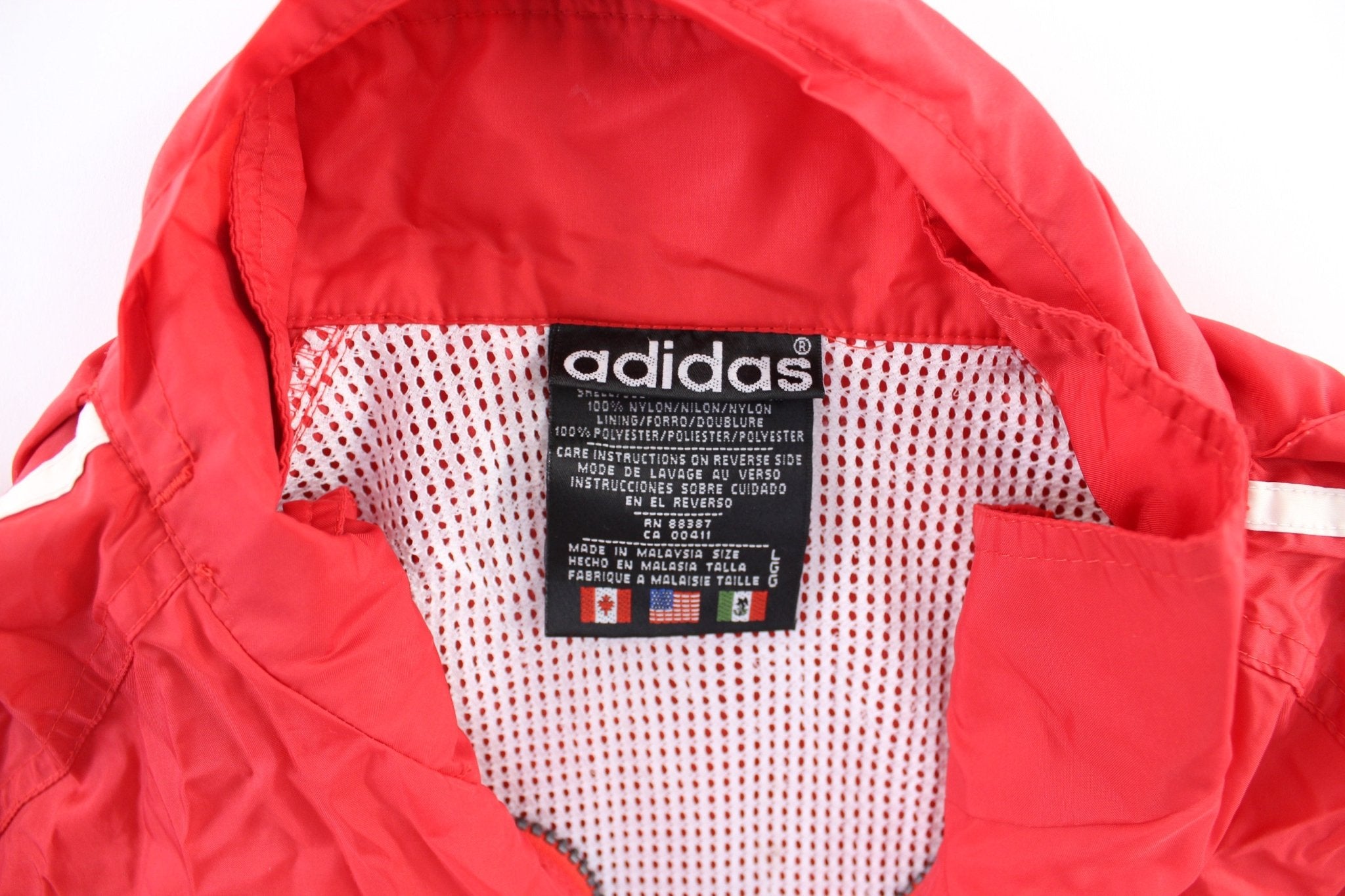 90's Adidas Embroidered Logo Red & White Striped Zip Up Jacket - ThriftedThreads.com