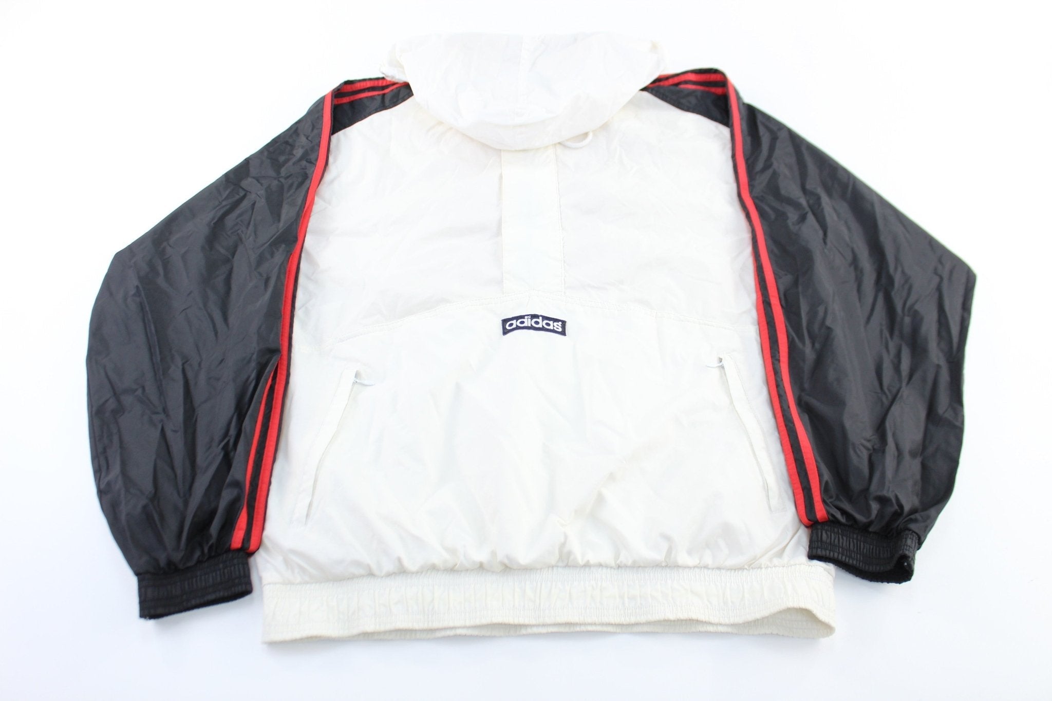 90's Adidas Embroidered Logo White, Black, & Red Striped Zip Up Jacket - Jackets - Thrifted Threads