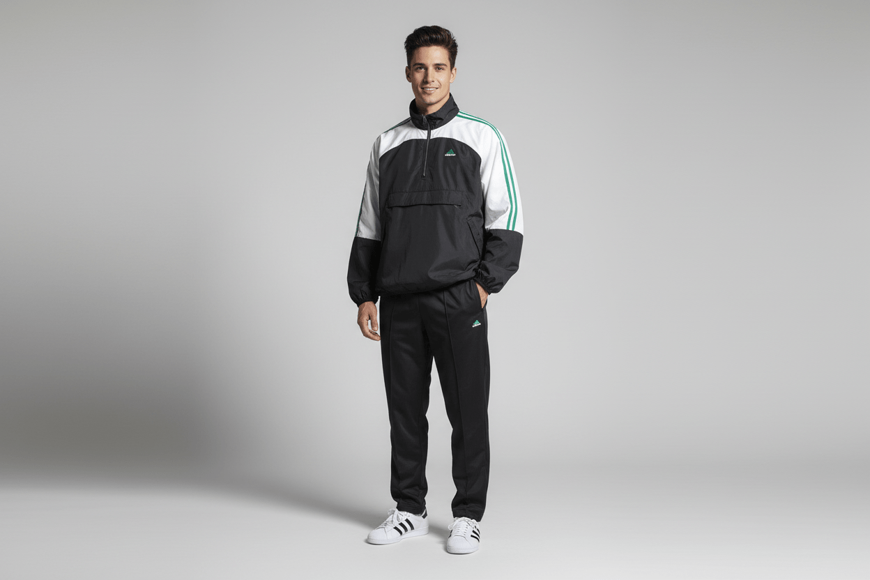 90's Adidas Embroidered Logo White, Green & Black Full Zip Windbreaker - ThriftedThreads.com