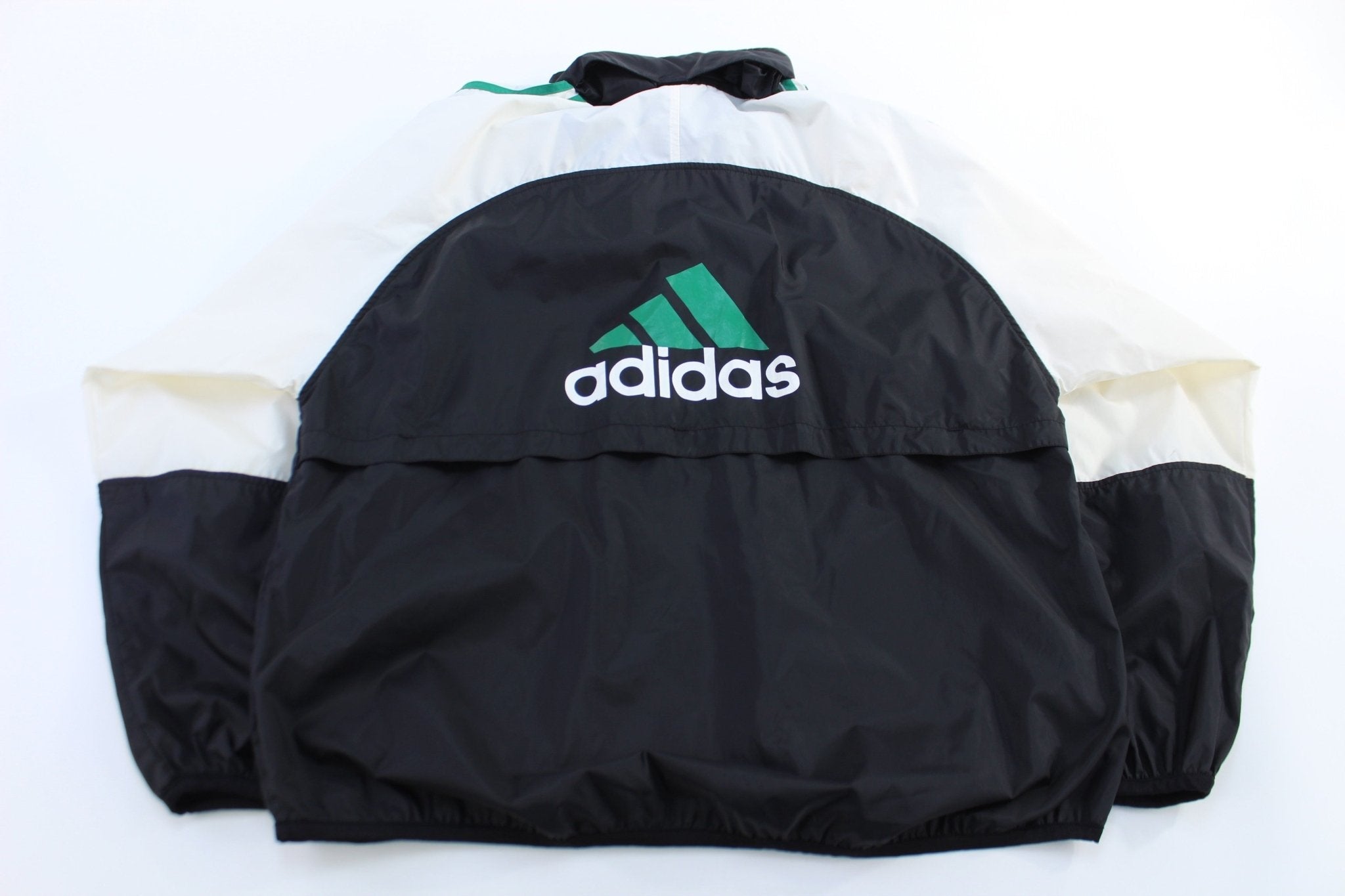 90's Adidas Embroidered Logo White, Green & Black Full Zip Windbreaker - Jacket - Thrifted Threads
