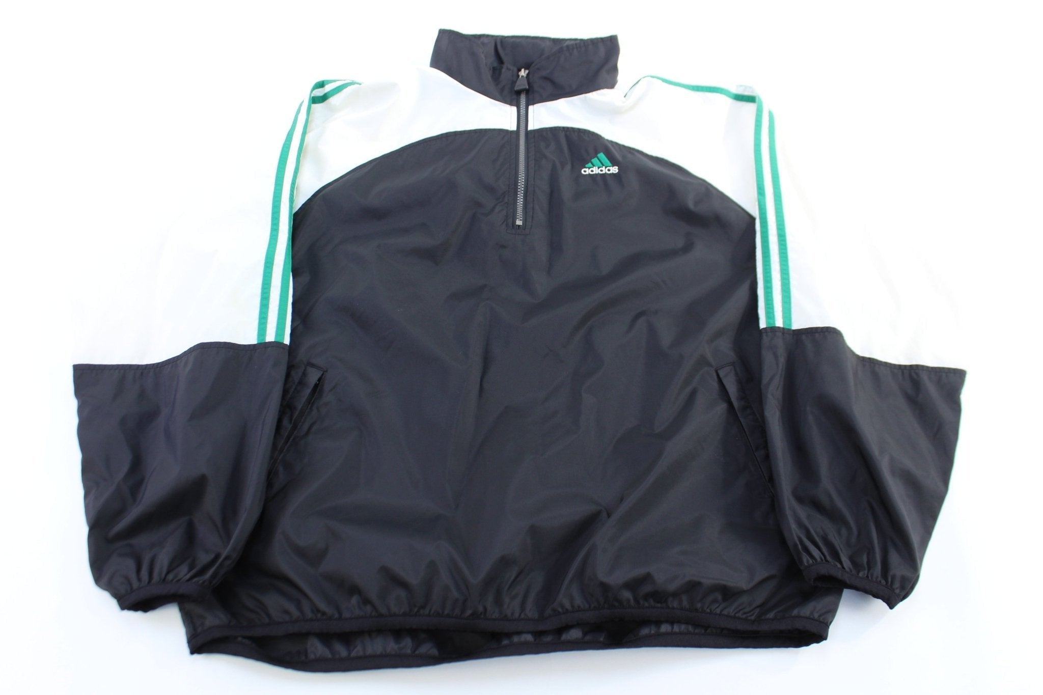 90's Adidas Embroidered Logo White, Green & Black Full Zip Windbreaker - Jacket - Thrifted Threads
