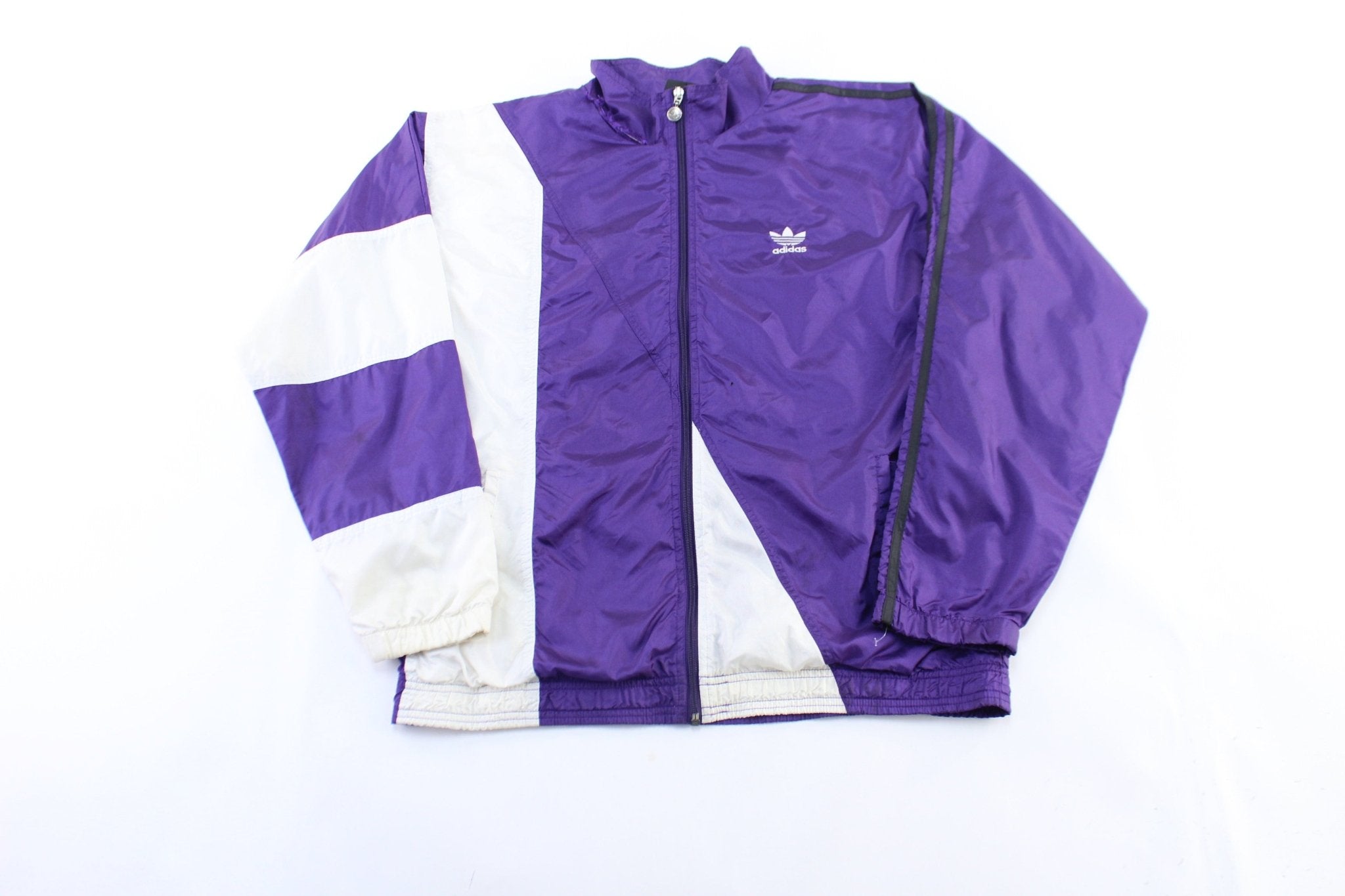 90's Adidas Embroidered Logo White & Purple Striped Zip Up Jacket - ThriftedThreads.com