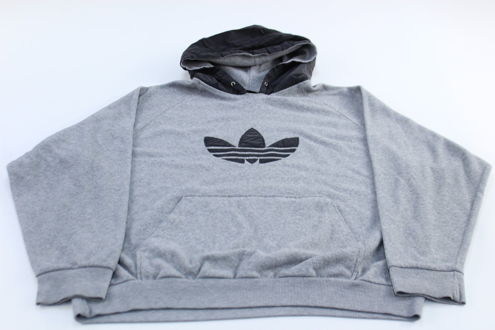 90's Adidas Embroidered Trefoil Logo Grey Fleece Hoodie - ThriftedThreads.com