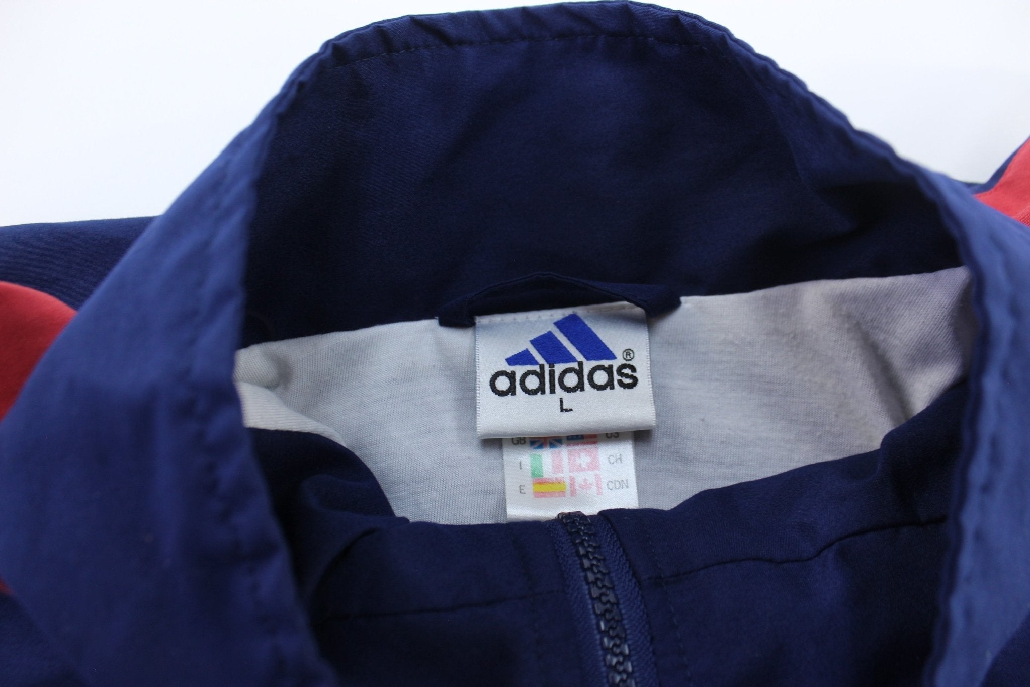 90's Adidas Red, Blue, & White Striped Zip Up Jacket - Jacket - Thrifted Threads