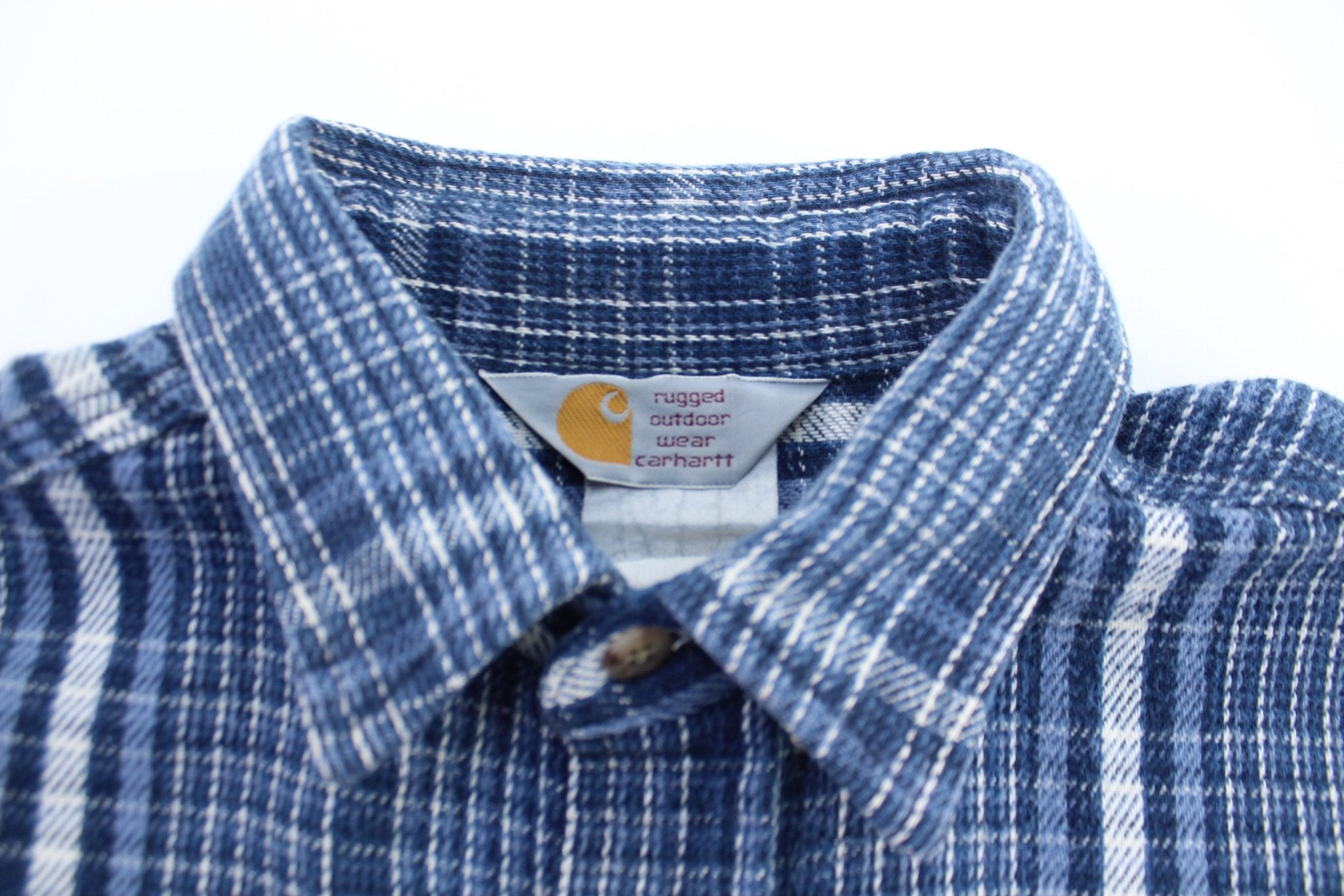 90’s Carhartt Blue & White Plaid LS Button Down Shirt - ThriftedThreads.com
