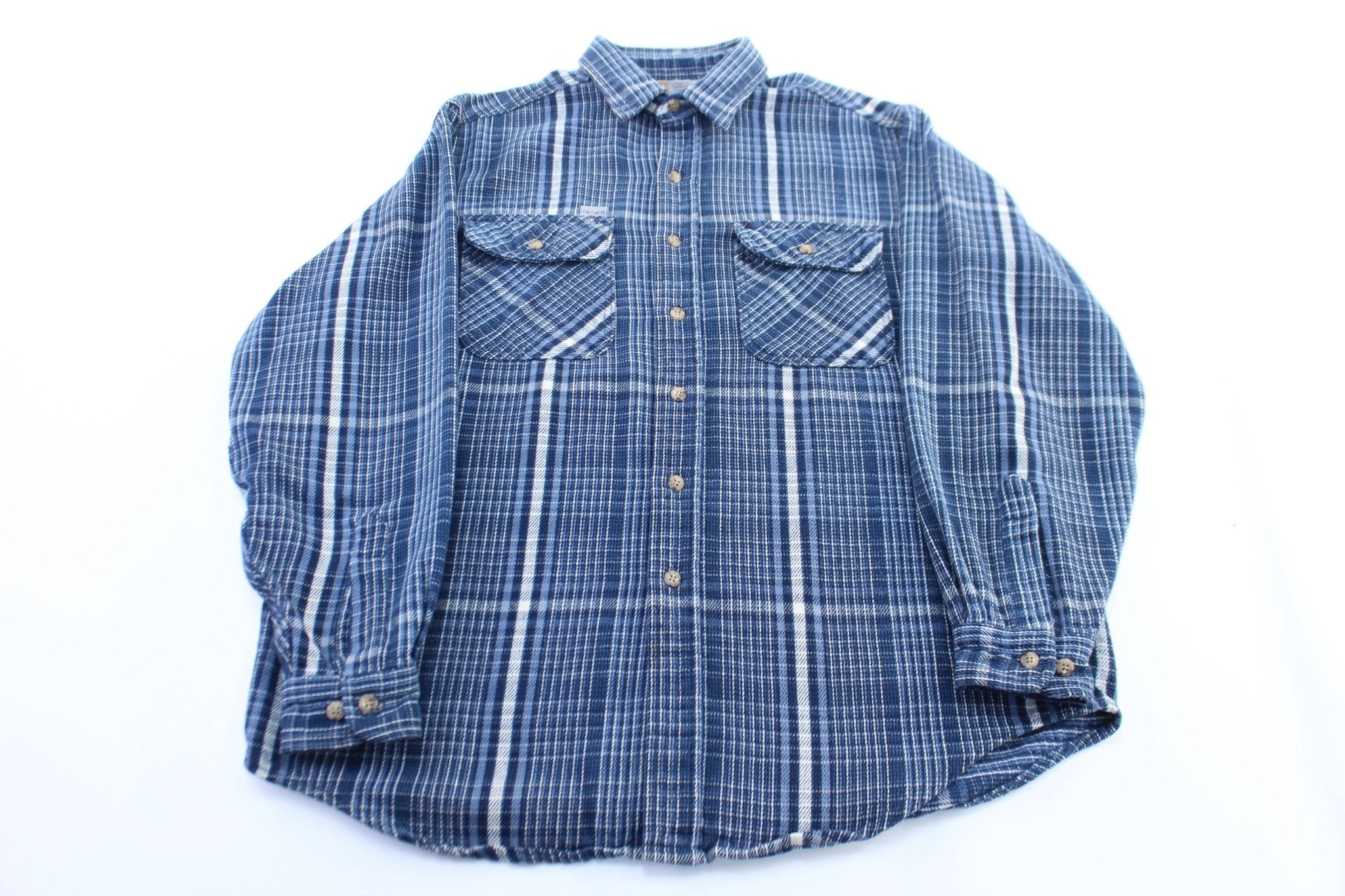 90’s Carhartt Blue & White Plaid LS Button Down Shirt - ThriftedThreads.com