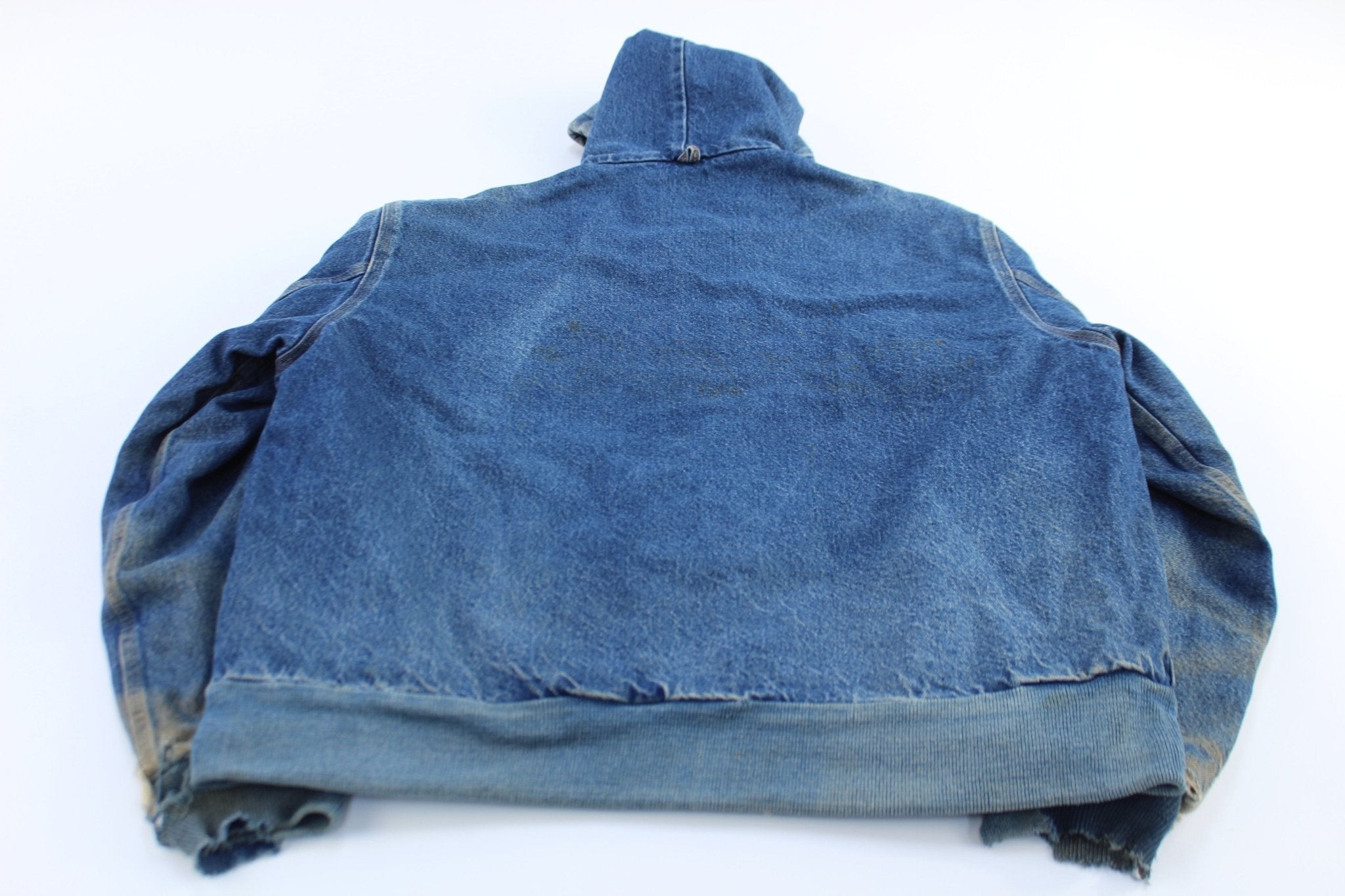 90's Carhartt Logo Patch Blanket Lined Denim Hooded Jacket - ThriftedThreads.com