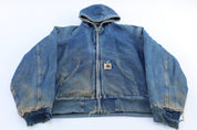 90's Carhartt Logo Patch Blanket Lined Denim Hooded Jacket - ThriftedThreads.com