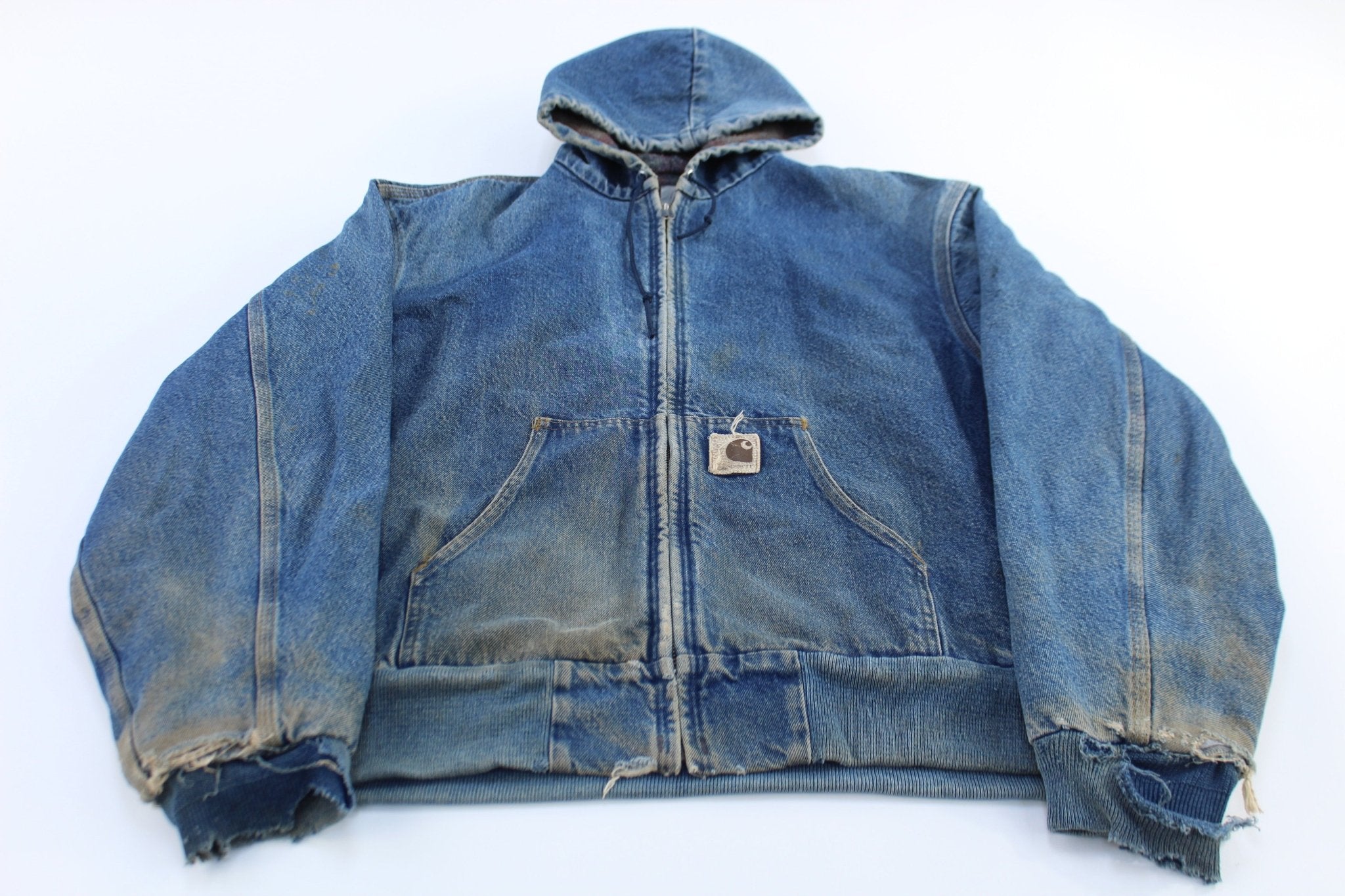 90's Carhartt Logo Patch Blanket Lined Denim Hooded Jacket - ThriftedThreads.com